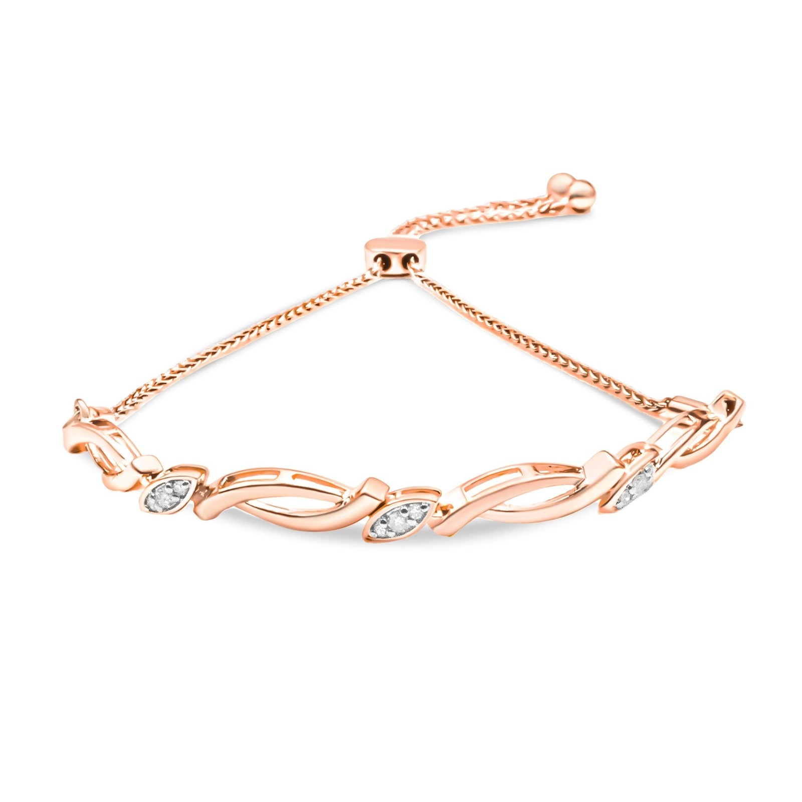 14K Rose Gold Plated .925 Sterling Silver Diamond Accent Alternating Swirl link Bolo Bracelet (I-J Color, I2-I3 Clarity) - 6" to 9" Adjustable - LinkagejewelrydesignLinkagejewelrydesign