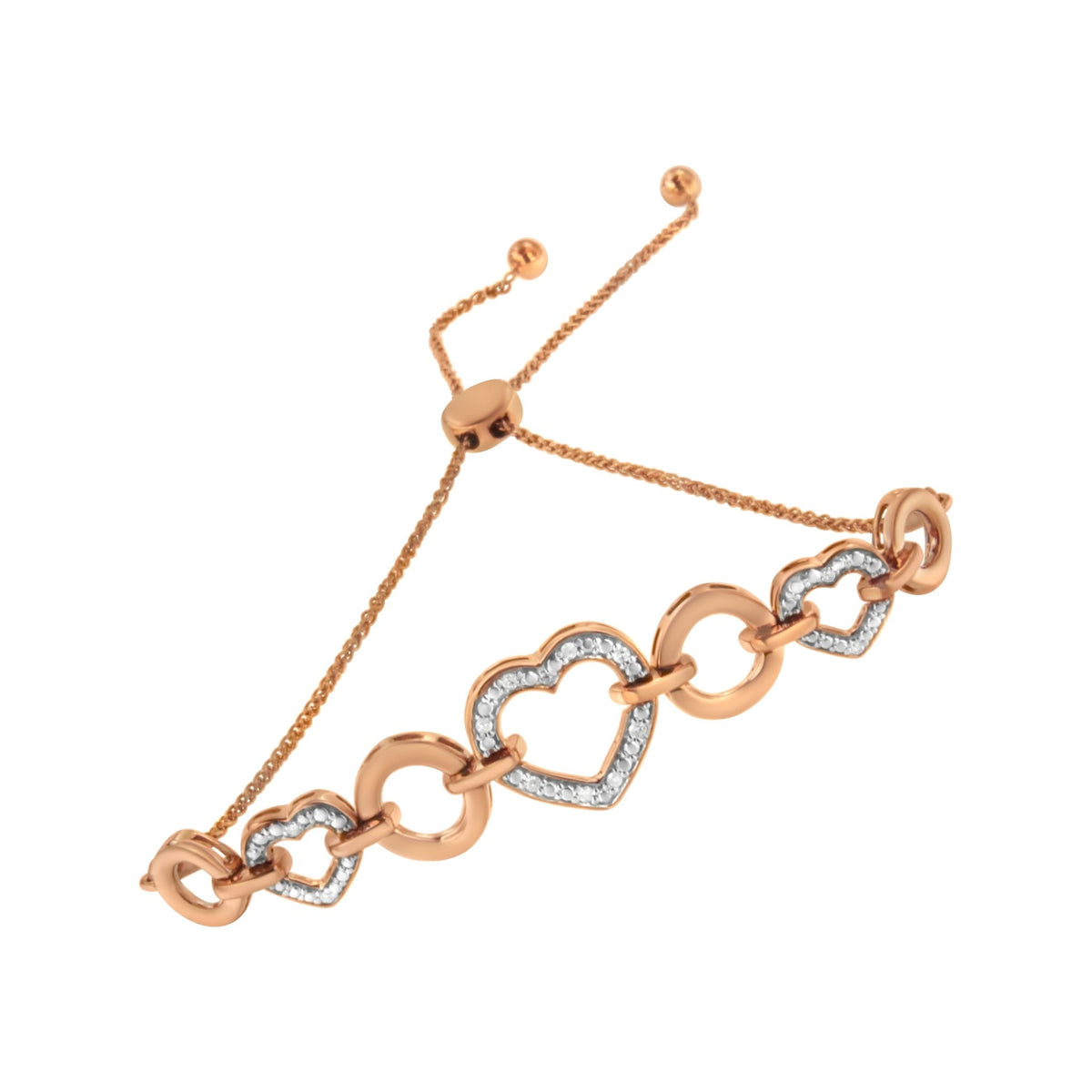 14K Rose Gold Plated .925 Sterling Silver Diamond Accent Circle and Heart Link Adjustable 6”-10” Bolo Bracelet (I-J Color, I3 Clarity) - LinkagejewelrydesignLinkagejewelrydesign