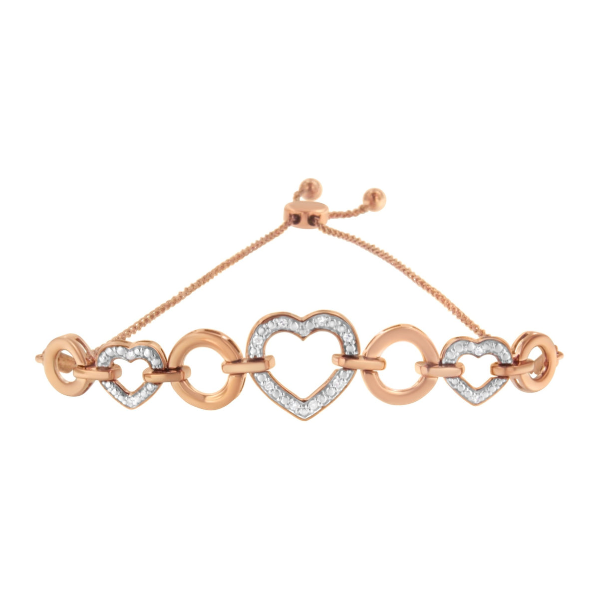 14K Rose Gold Plated .925 Sterling Silver Diamond Accent Circle and Heart Link Adjustable 6”-10” Bolo Bracelet (I-J Color, I3 Clarity) - LinkagejewelrydesignLinkagejewelrydesign