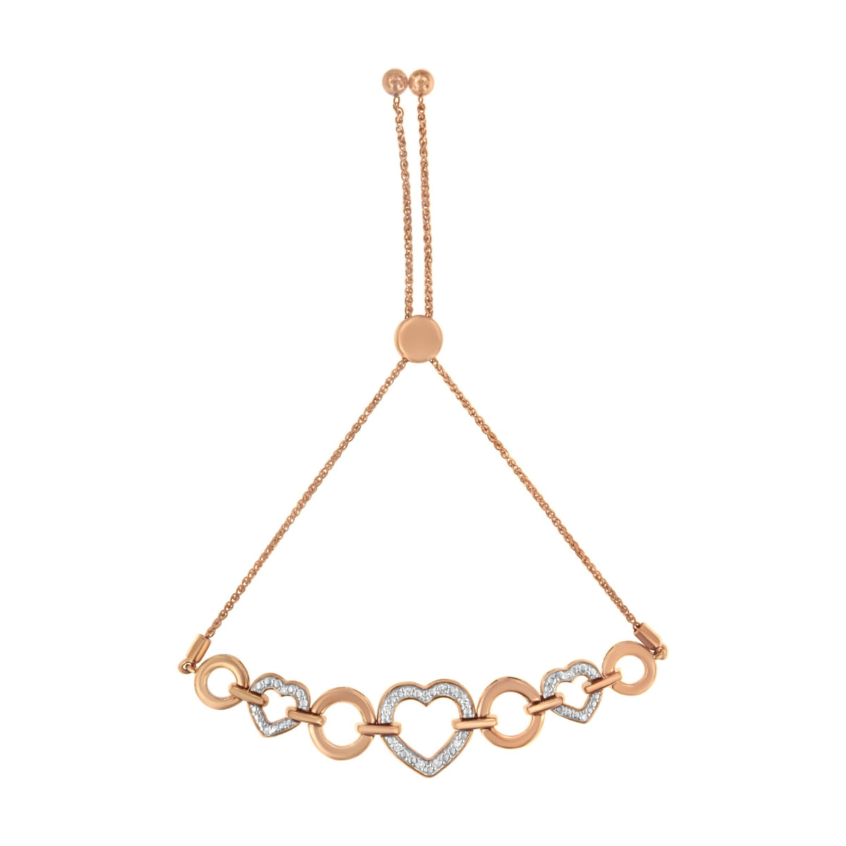 14K Rose Gold Plated .925 Sterling Silver Diamond Accent Circle and Heart Link Adjustable 6”-10” Bolo Bracelet (I-J Color, I3 Clarity) - LinkagejewelrydesignLinkagejewelrydesign