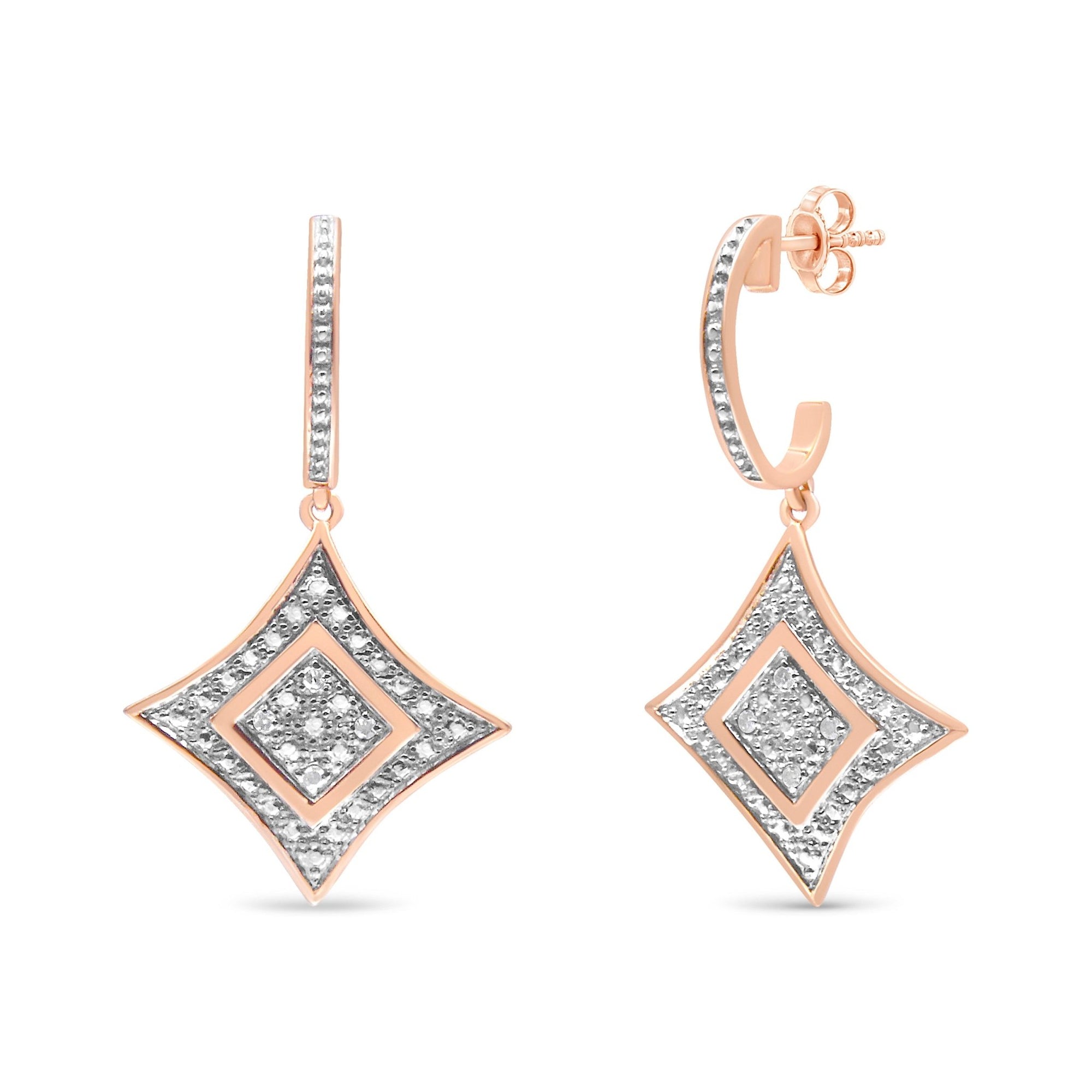 14K Rose Gold Plated .925 Sterling Silver Round-Cut Diamond Accent Dangle Rhombus Earrings (H-I Color, I2-I3 Clarity) - LinkagejewelrydesignLinkagejewelrydesign