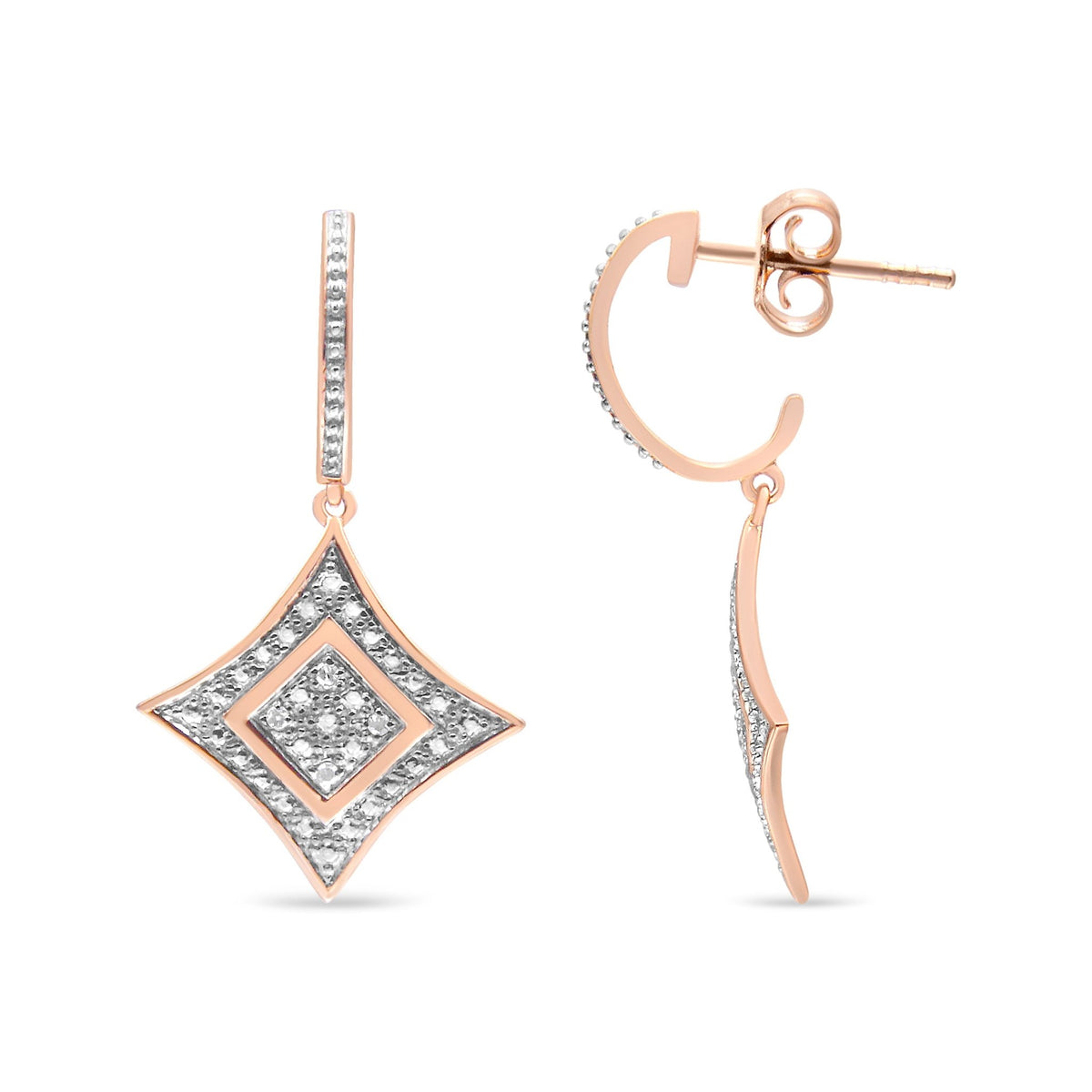 14K Rose Gold Plated .925 Sterling Silver Round-Cut Diamond Accent Dangle Rhombus Earrings (H-I Color, I2-I3 Clarity) - LinkagejewelrydesignLinkagejewelrydesign