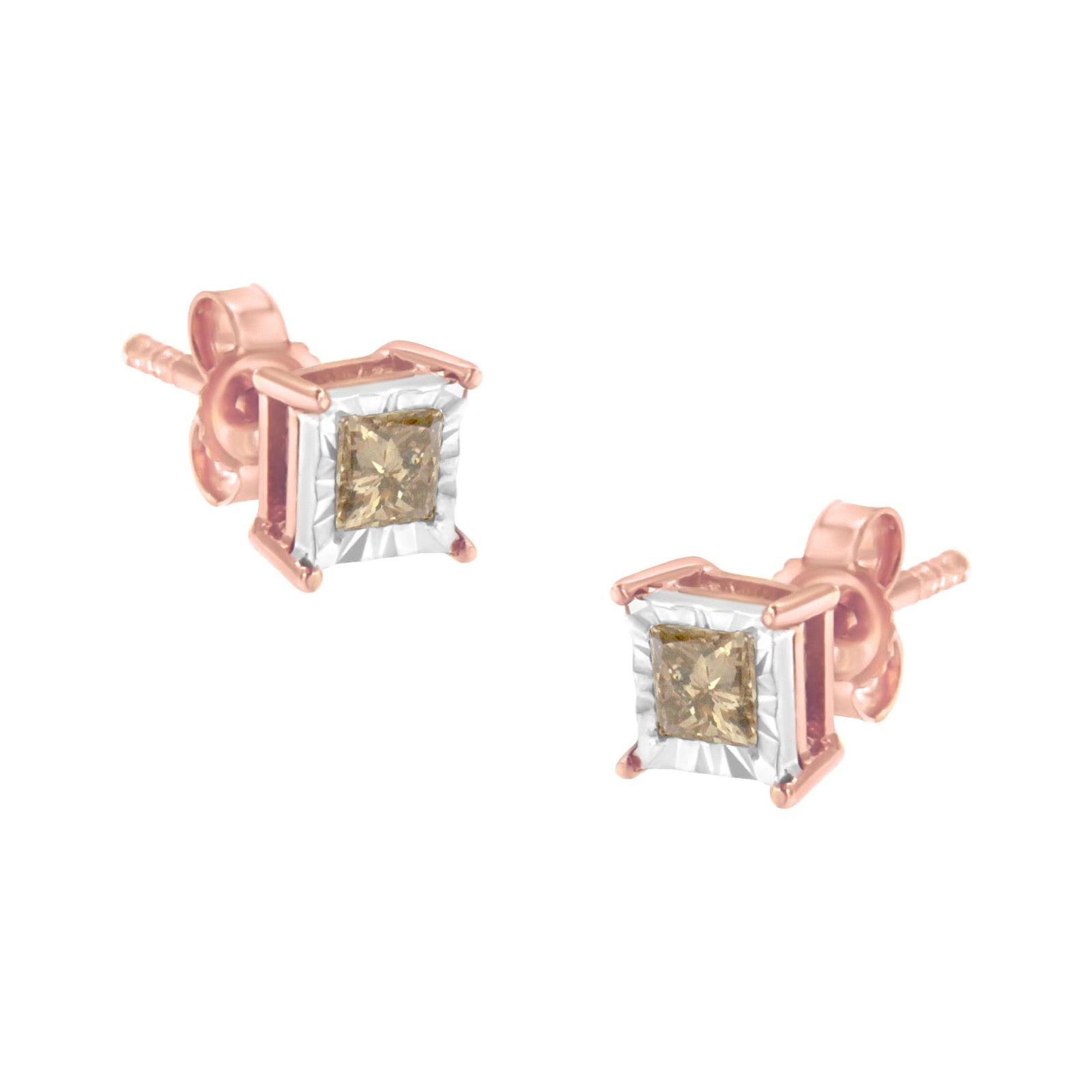 14K Rose Gold Plated Two-Tone .925 Sterling Silver 1/2 Cttw Princess-Cut Square Diamond Solitaire Miracle-Plate Stud Earrings (K-L Color, I2-I3 Clarity) - LinkagejewelrydesignLinkagejewelrydesign