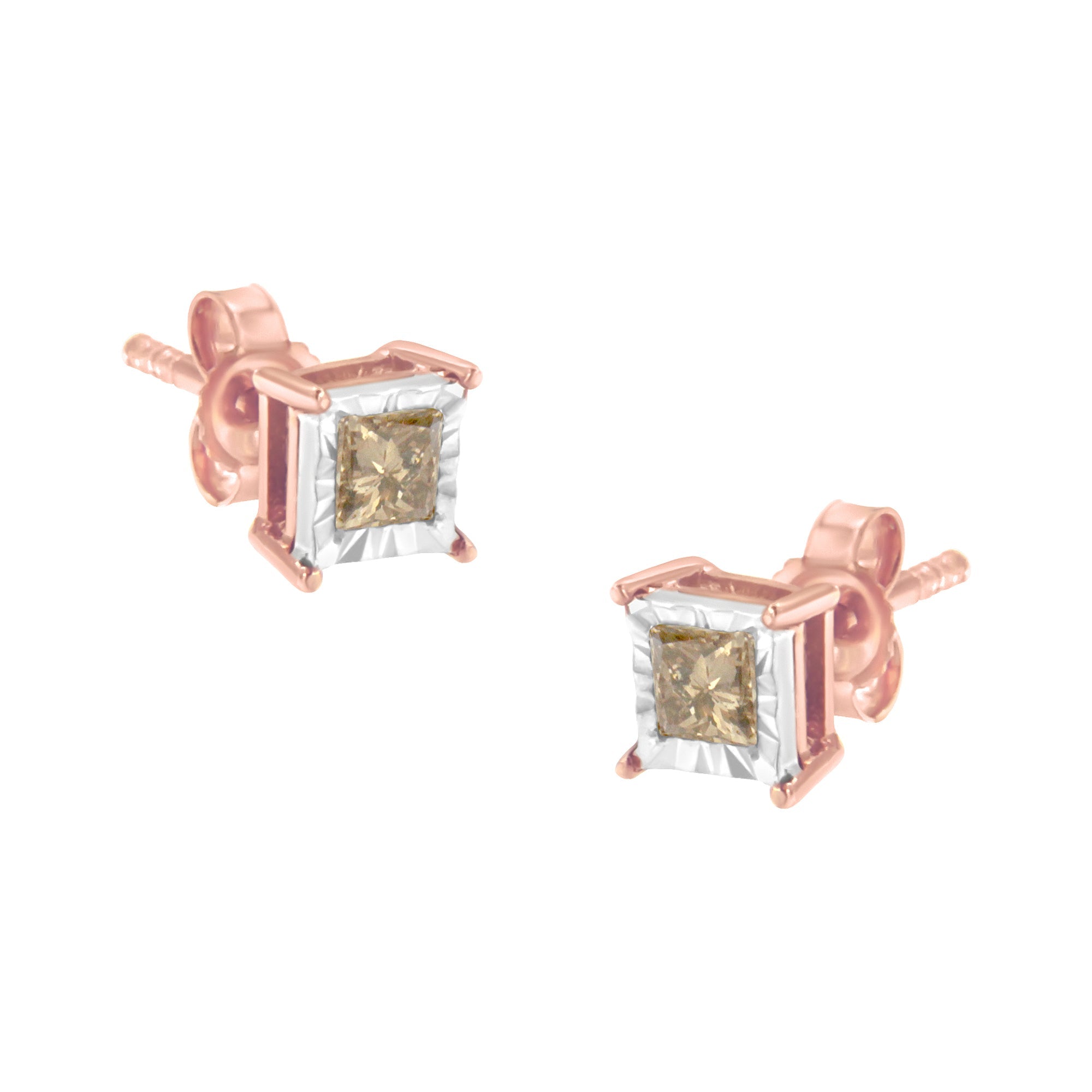 14K Rose Gold Plated Two-Tone .925 Sterling Silver 1/2 Cttw Princess-Cut Square Diamond Solitaire Miracle-Plate Stud Earrings (K-L Color, I2-I3 Clarity) - LinkagejewelrydesignLinkagejewelrydesign