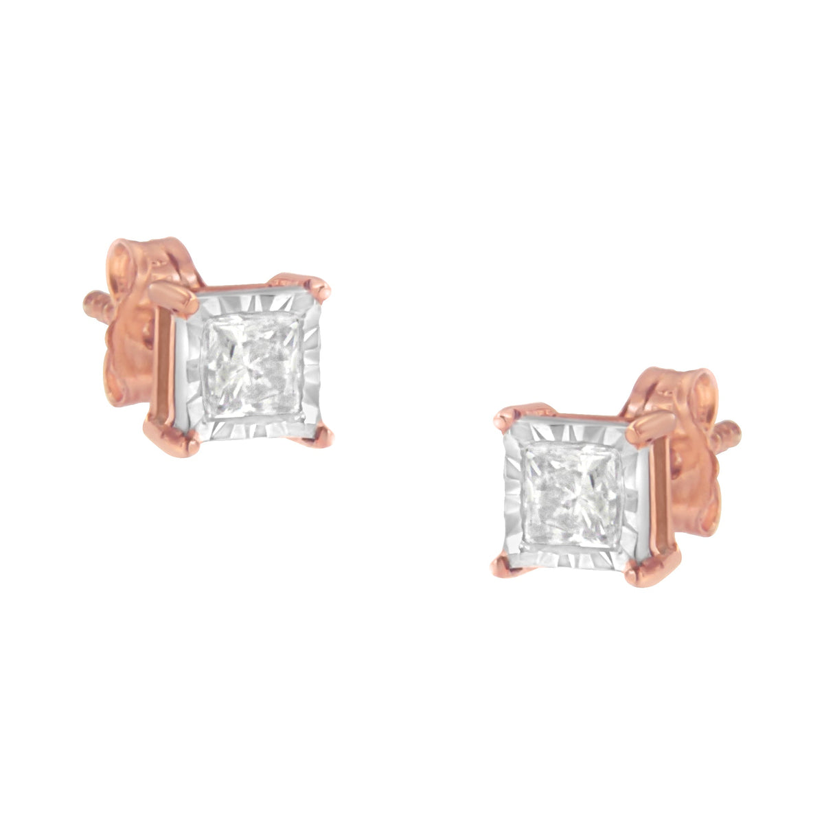 14K Rose Gold Plated Two-Tone .925 Sterling Silver 1/2 Cttw Princess-Cut Square Near Colorless Diamond Solitaire Miracle-Plate Stud Earrings (J-K Color, I2-I3 Clarity) - LinkagejewelrydesignLinkagejewelrydesign