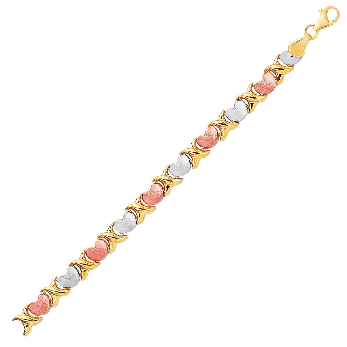 14k Tri - Color Gold Fancy Satin Heart Line Bracelet - LinkagejewelrydesignLinkagejewelrydesign