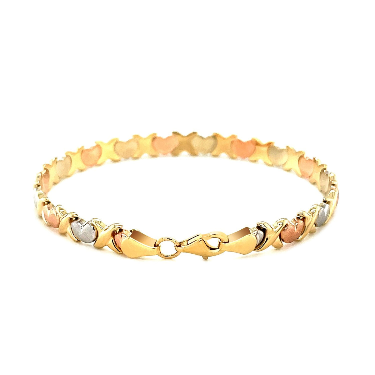 14k Tri - Color Gold Fancy Satin Heart Line Bracelet - LinkagejewelrydesignLinkagejewelrydesign
