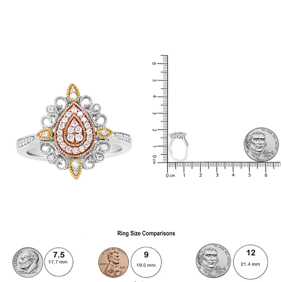 14K Tri Gold 1/4 Cttw Diamond Art Deco Style Halo Cocktail Ring (H-I Color, VS1-VS2 Clarity) - Ring Size 7 - LinkagejewelrydesignLinkagejewelrydesign