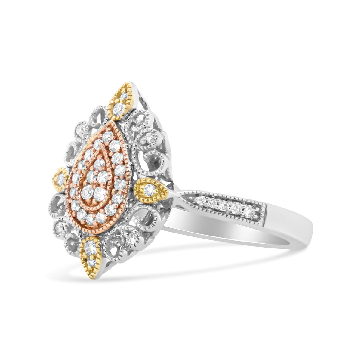 14K Tri Gold 1/4 Cttw Diamond Art Deco Style Halo Cocktail Ring (H-I Color, VS1-VS2 Clarity) - Ring Size 7 - LinkagejewelrydesignLinkagejewelrydesign