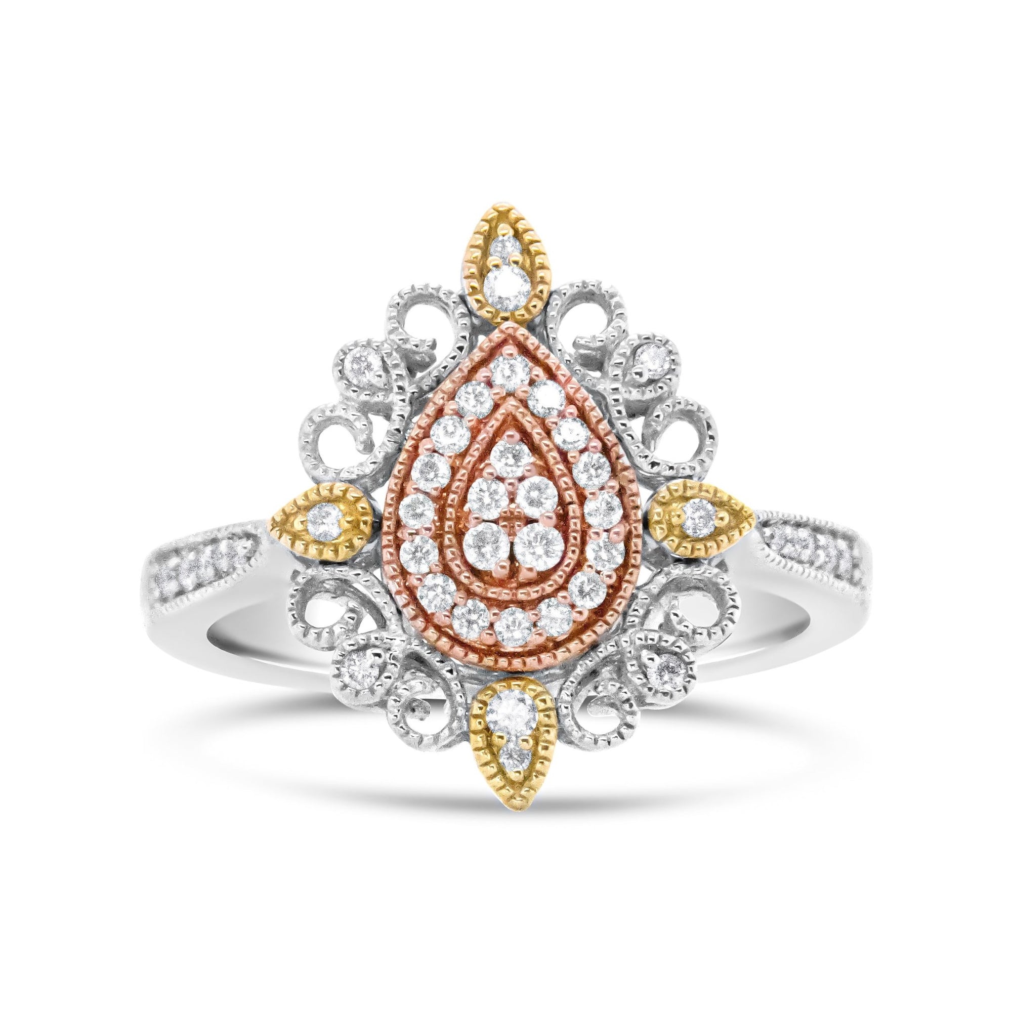 14K Tri Gold 1/4 Cttw Diamond Art Deco Style Halo Cocktail Ring (H-I Color, VS1-VS2 Clarity) - Ring Size 7 - LinkagejewelrydesignLinkagejewelrydesign