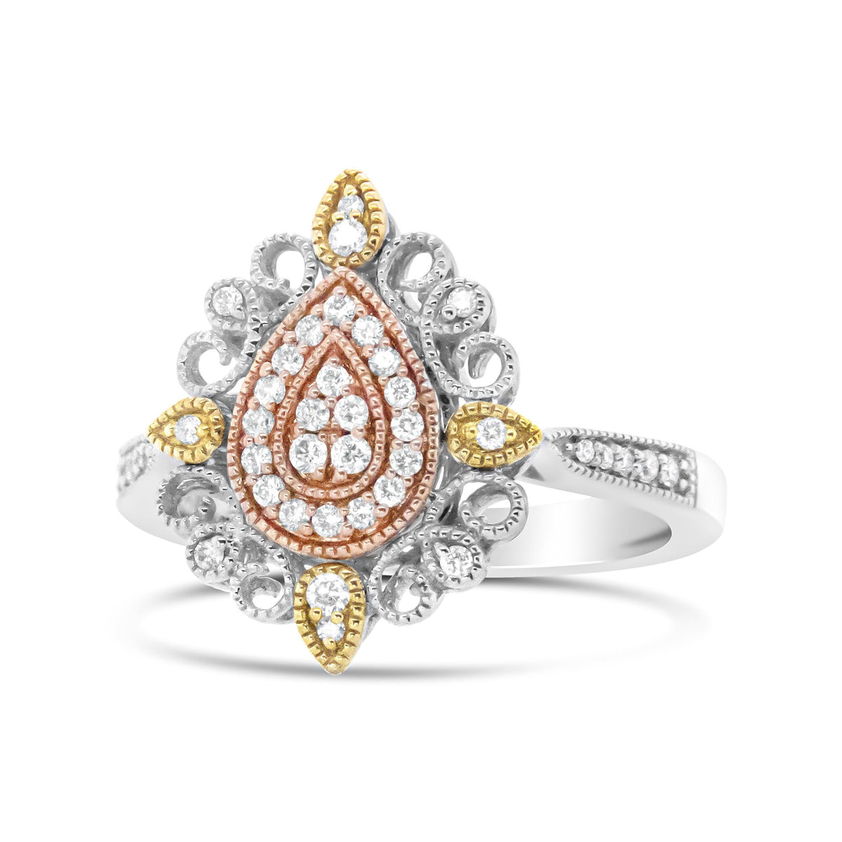 14K Tri Gold 1/4 Cttw Diamond Art Deco Style Halo Cocktail Ring (H-I Color, VS1-VS2 Clarity) - Ring Size 7 - LinkagejewelrydesignLinkagejewelrydesign