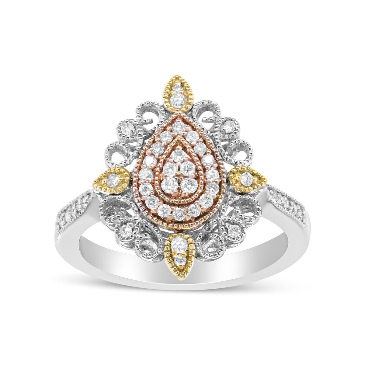 14K Tri Gold 1/4 Cttw Diamond Art Deco Style Halo Cocktail Ring (H-I Color, VS1-VS2 Clarity) - Ring Size 7 - LinkagejewelrydesignLinkagejewelrydesign