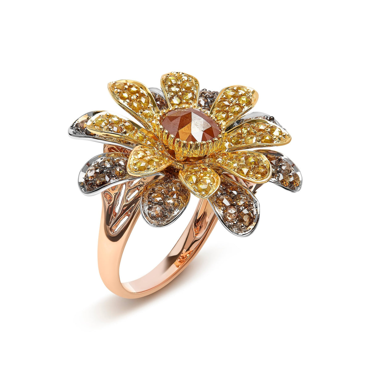 14K Tri-Toned 3 7/8 Cttw Rose Cut Diamond Cocktail Double Flower and Petal Cocktail Ring (Fancy Color, I1-I2 Clarity) - Size 7 - LinkagejewelrydesignLinkagejewelrydesign