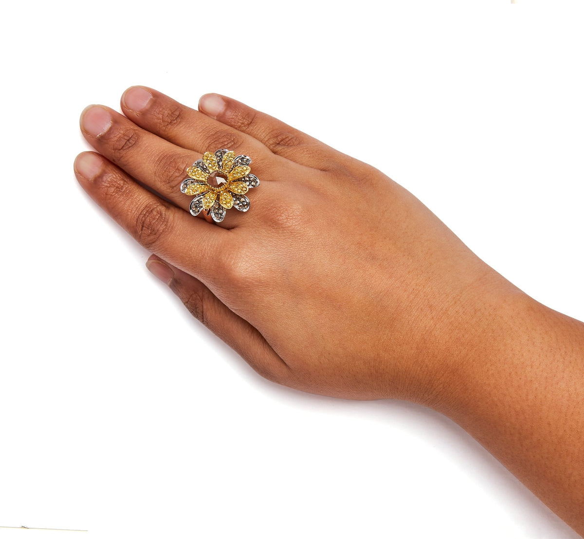 14K Tri-Toned 3 7/8 Cttw Rose Cut Diamond Cocktail Double Flower and Petal Cocktail Ring (Fancy Color, I1-I2 Clarity) - Size 7 - LinkagejewelrydesignLinkagejewelrydesign
