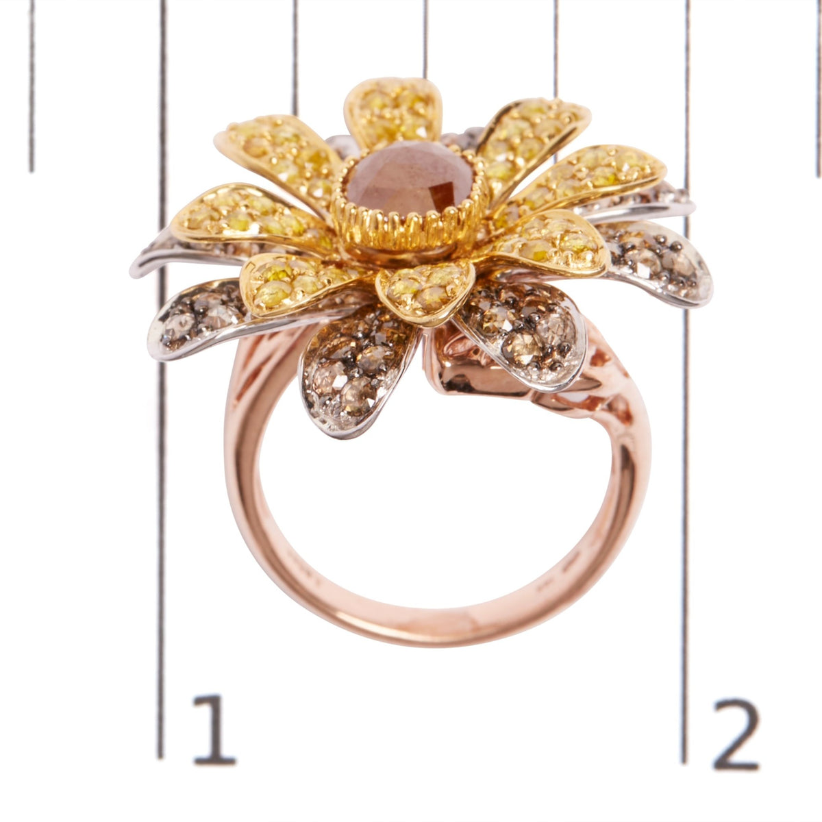 14K Tri-Toned 3 7/8 Cttw Rose Cut Diamond Cocktail Double Flower and Petal Cocktail Ring (Fancy Color, I1-I2 Clarity) - Size 7 - LinkagejewelrydesignLinkagejewelrydesign