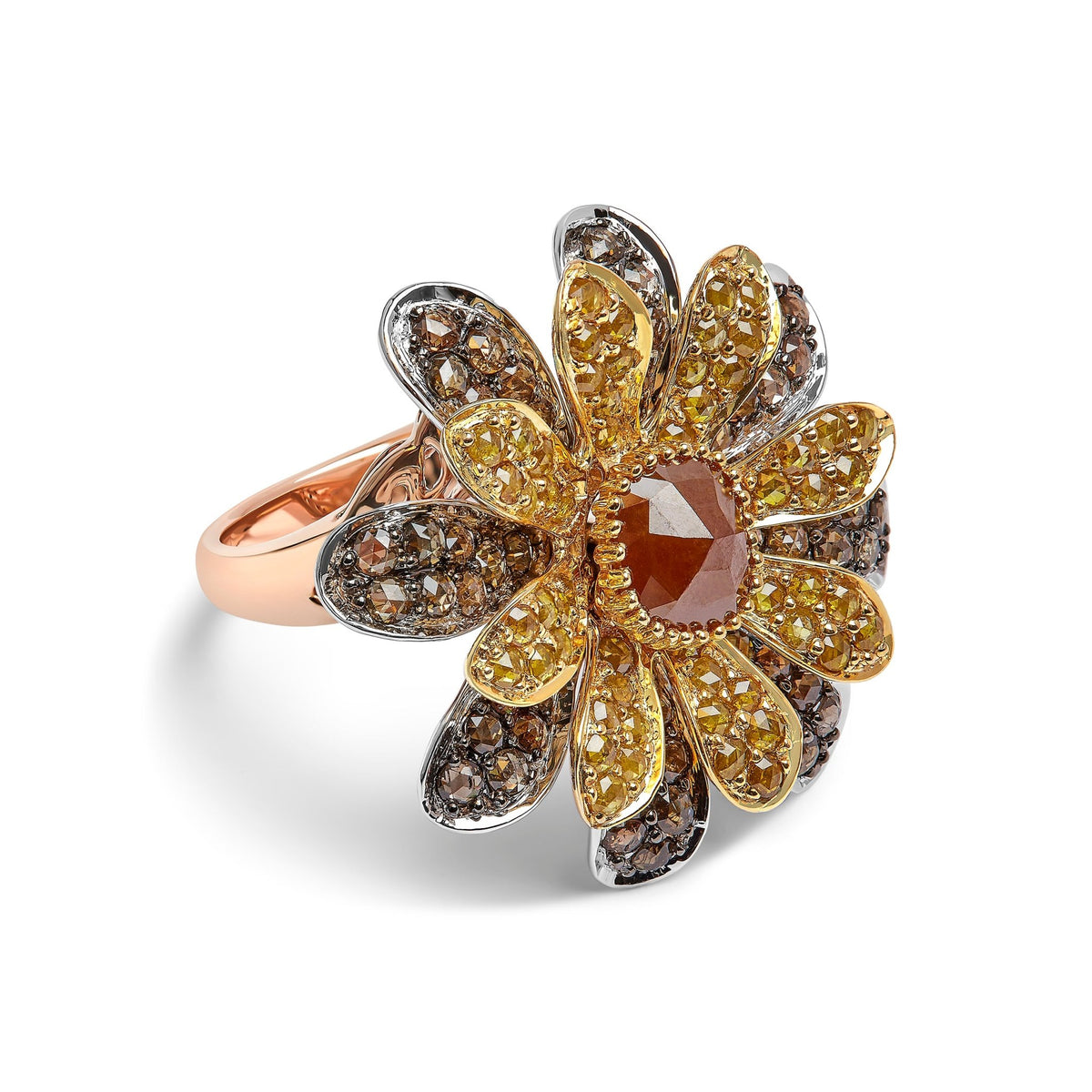 14K Tri-Toned 3 7/8 Cttw Rose Cut Diamond Cocktail Double Flower and Petal Cocktail Ring (Fancy Color, I1-I2 Clarity) - Size 7 - LinkagejewelrydesignLinkagejewelrydesign