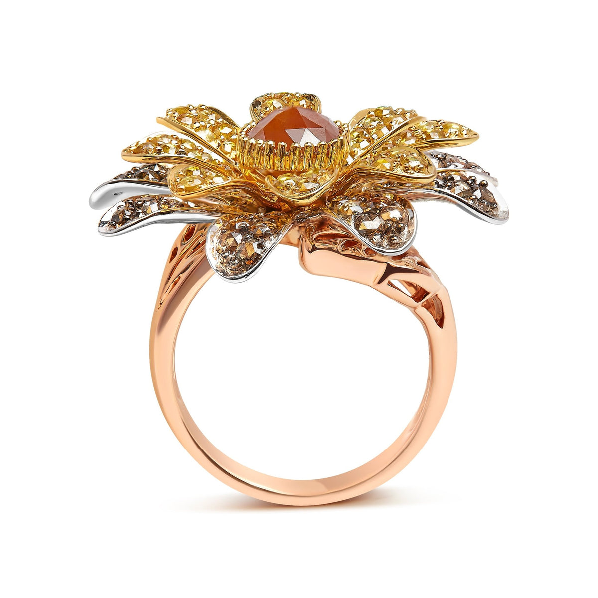 14K Tri-Toned 3 7/8 Cttw Rose Cut Diamond Cocktail Double Flower and Petal Cocktail Ring (Fancy Color, I1-I2 Clarity) - Size 7 - LinkagejewelrydesignLinkagejewelrydesign