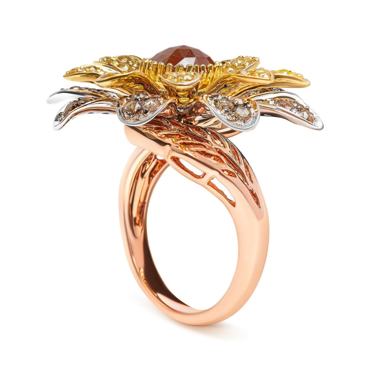 14K Tri-Toned 3 7/8 Cttw Rose Cut Diamond Cocktail Double Flower and Petal Cocktail Ring (Fancy Color, I1-I2 Clarity) - Size 7 - LinkagejewelrydesignLinkagejewelrydesign