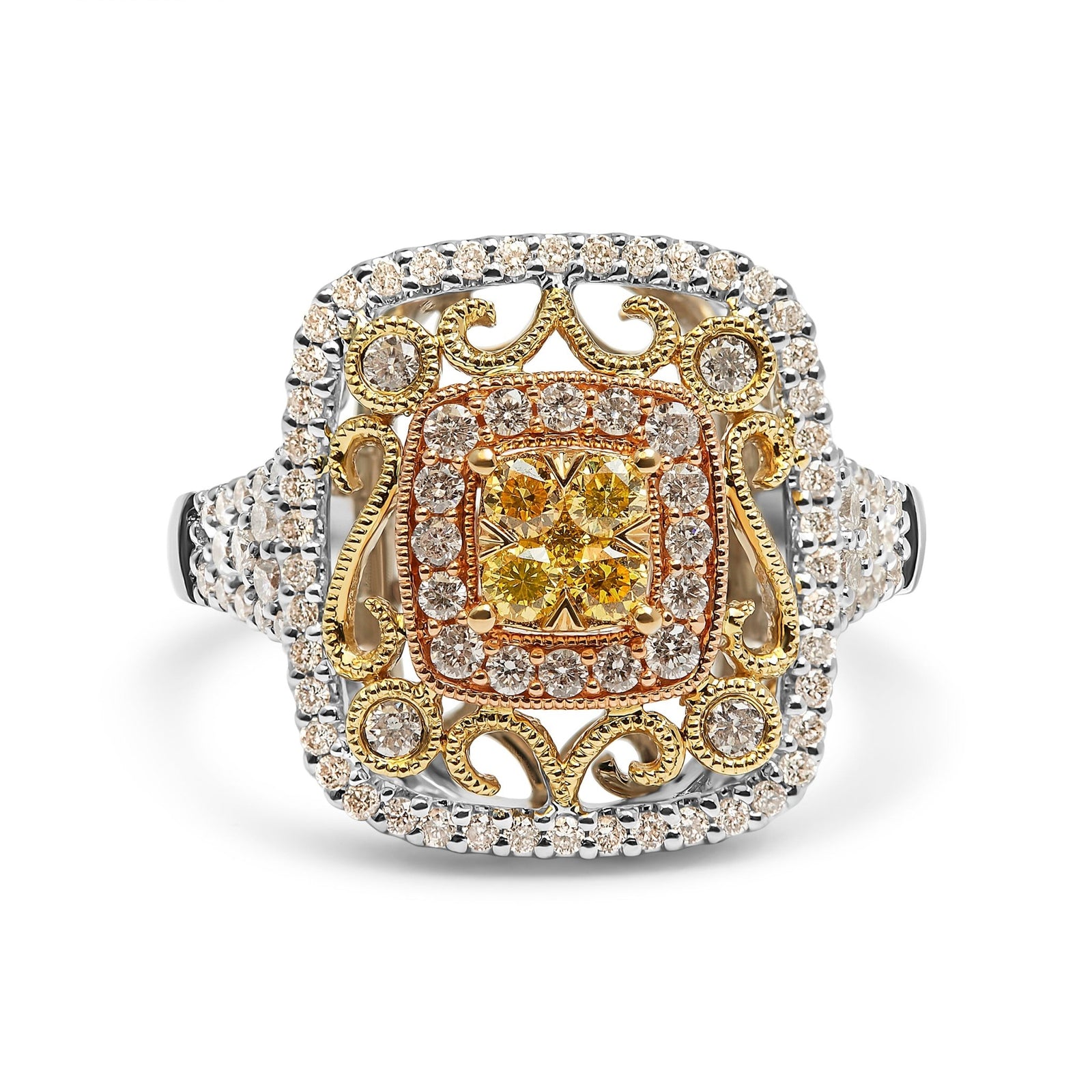 14K Tri-Toned Gold 1.00 Cttw Yellow Diamond Halo and Milgrain Cocktail Cluster Ring (Yellow/G-H Color, SI1-SI2 Clarity) - Ring Size 7 - LinkagejewelrydesignLinkagejewelrydesign