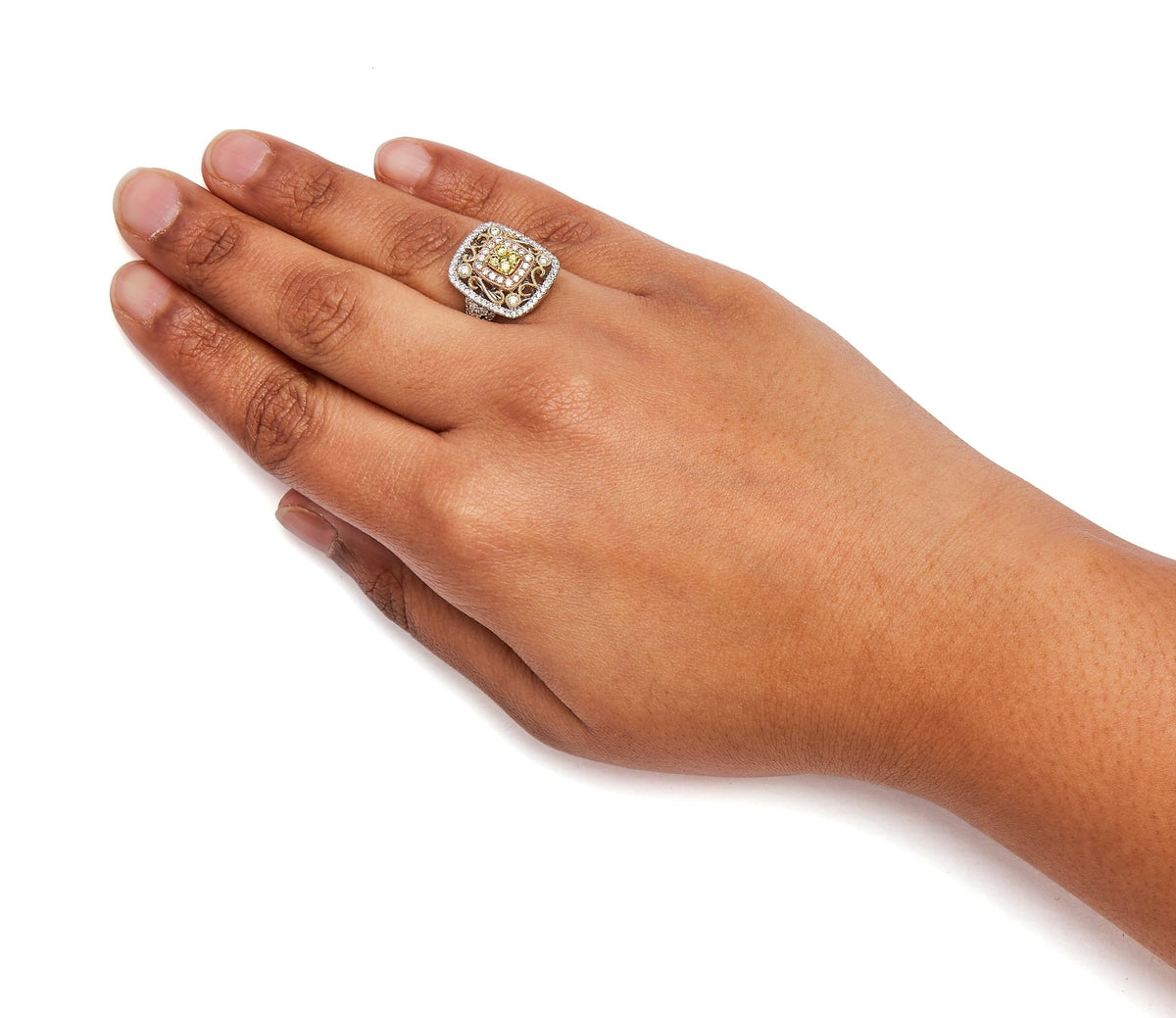 14K Tri-Toned Gold 1.00 Cttw Yellow Diamond Halo and Milgrain Cocktail Cluster Ring (Yellow/G-H Color, SI1-SI2 Clarity) - Ring Size 7 - LinkagejewelrydesignLinkagejewelrydesign