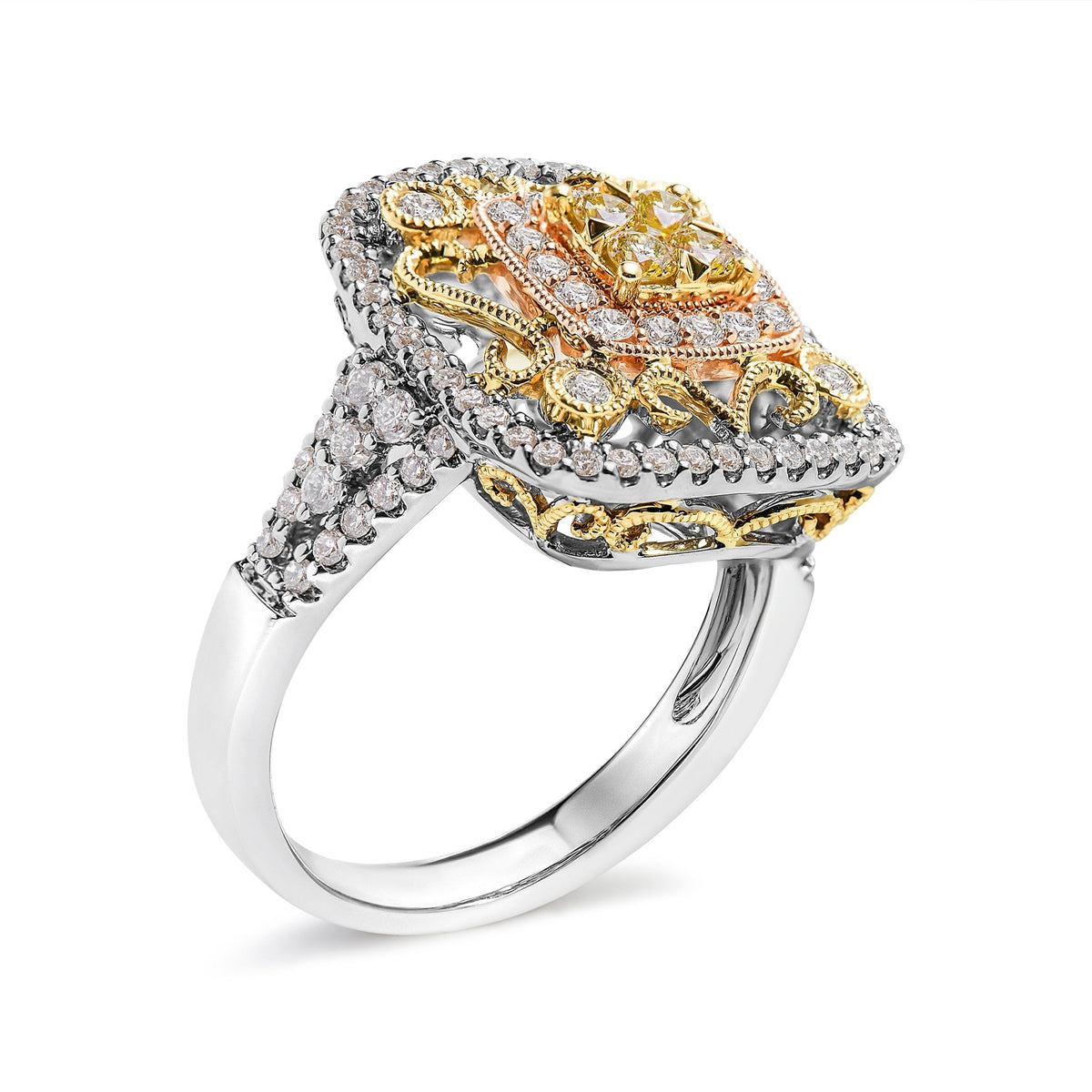14K Tri-Toned Gold 1.00 Cttw Yellow Diamond Halo and Milgrain Cocktail Cluster Ring (Yellow/G-H Color, SI1-SI2 Clarity) - Ring Size 7 - LinkagejewelrydesignLinkagejewelrydesign