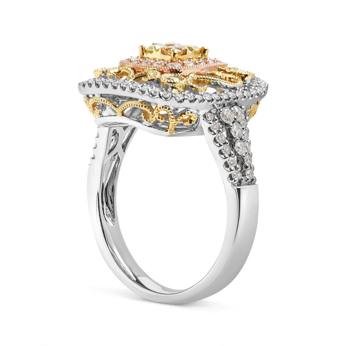 14K Tri-Toned Gold 1.00 Cttw Yellow Diamond Halo and Milgrain Cocktail Cluster Ring (Yellow/G-H Color, SI1-SI2 Clarity) - Ring Size 7 - LinkagejewelrydesignLinkagejewelrydesign