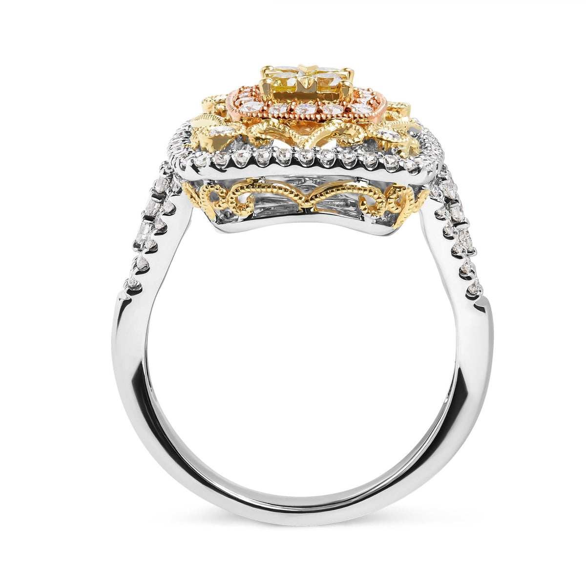 14K Tri-Toned Gold 1.00 Cttw Yellow Diamond Halo and Milgrain Cocktail Cluster Ring (Yellow/G-H Color, SI1-SI2 Clarity) - Ring Size 7 - LinkagejewelrydesignLinkagejewelrydesign