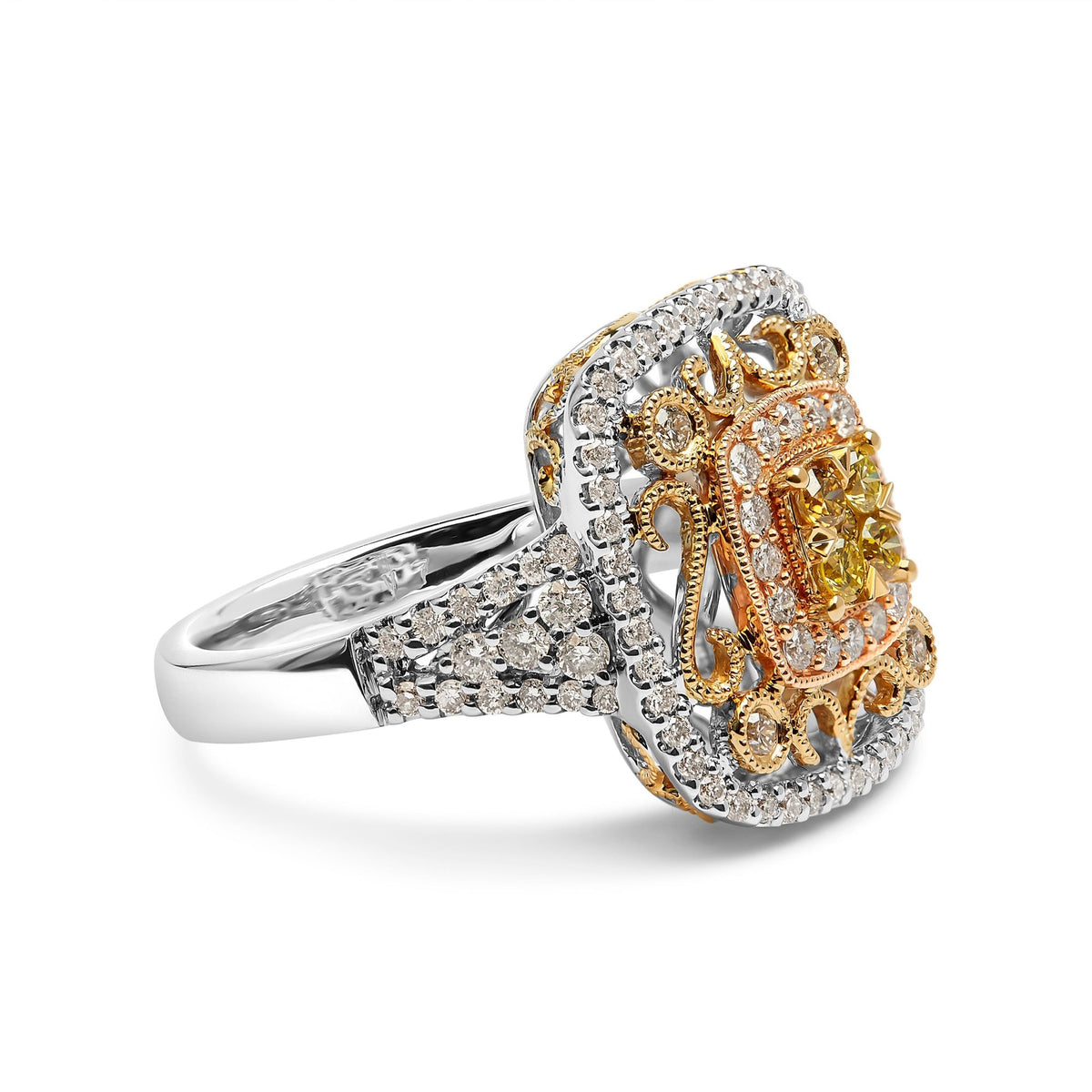 14K Tri-Toned Gold 1.00 Cttw Yellow Diamond Halo and Milgrain Cocktail Cluster Ring (Yellow/G-H Color, SI1-SI2 Clarity) - Ring Size 7 - LinkagejewelrydesignLinkagejewelrydesign