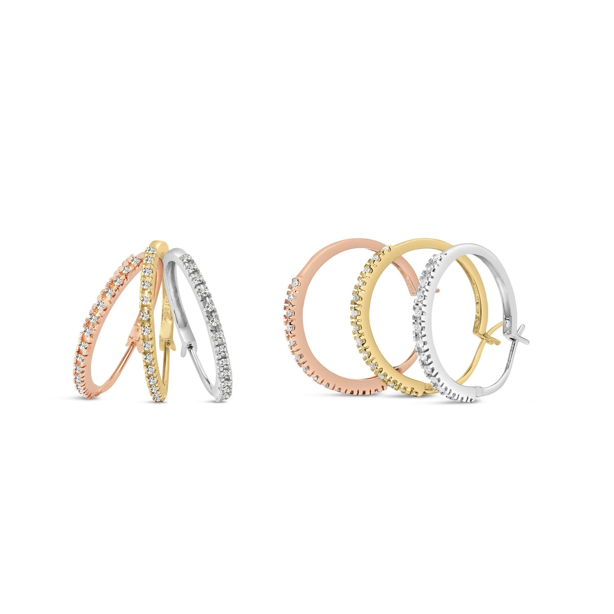 14K Tri-Toned Gold 1/3 Cttw Diamond Triple Hoop Earrings (I-J Color, I2-I3 Clarity) - 22 MM - LinkagejewelrydesignLinkagejewelrydesign