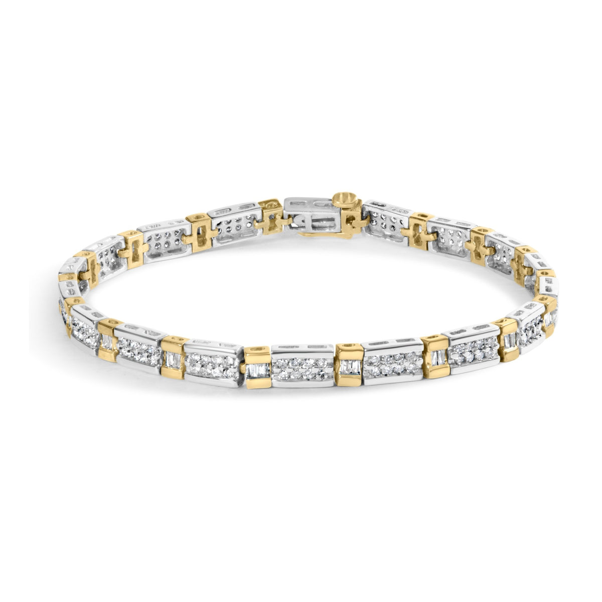 14k Two-Tone 2.00 Cttw Round-Cut and Baguette-Cut Diamond Bar Link 7&quot; Bracelet (I-J Color, SI2-I1 Clarity) - LinkagejewelrydesignLinkagejewelrydesign