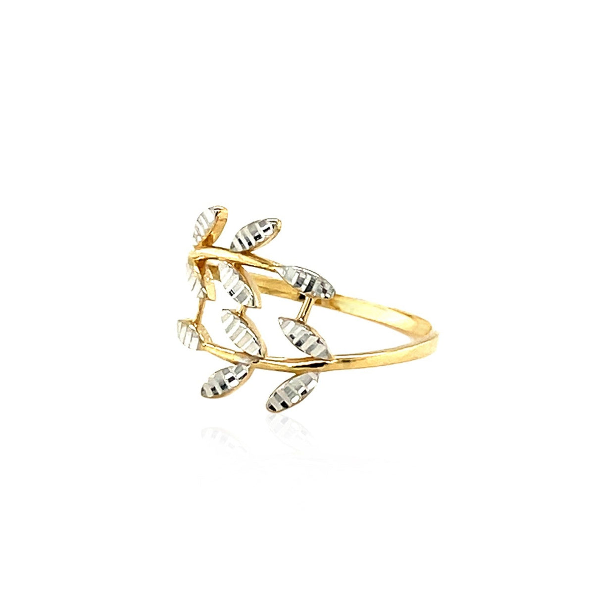 14k Two Tone Gold Crossover Ring with Textured Leaves - LinkagejewelrydesignLinkagejewelrydesign