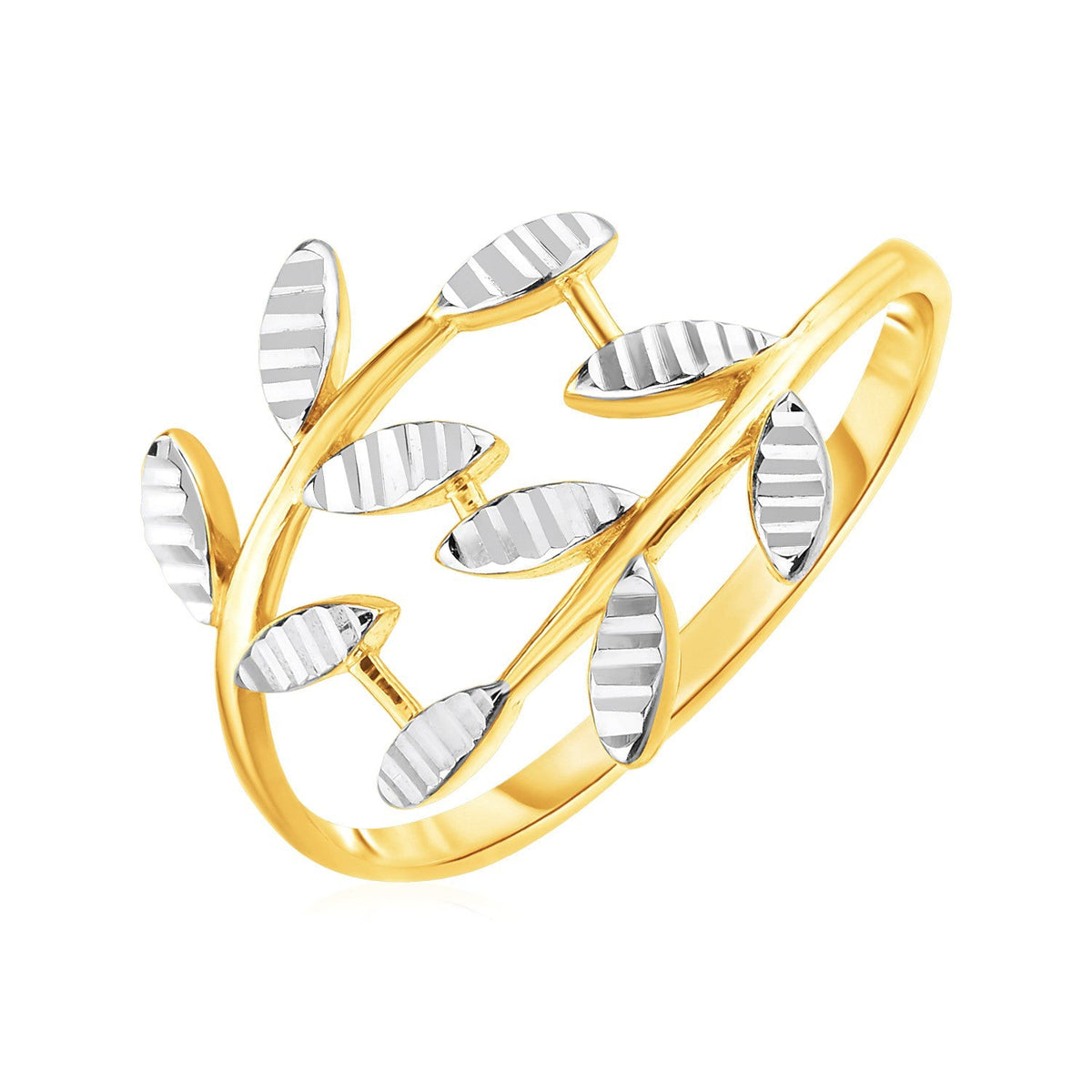 14k Two Tone Gold Crossover Ring with Textured Leaves - LinkagejewelrydesignLinkagejewelrydesign