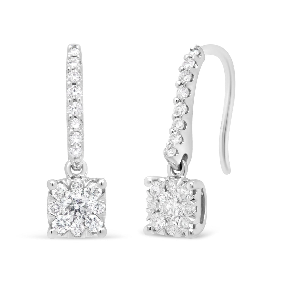 14K White 1/2 Cttw Round Diamond Halo Dangle Hook Earring - (H-I Color, SI2-I1 Clarity) - LinkagejewelrydesignLinkagejewelrydesign
