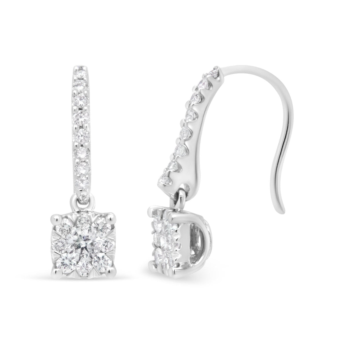 14K White 1/2 Cttw Round Diamond Halo Dangle Hook Earring - (H-I Color, SI2-I1 Clarity) - LinkagejewelrydesignLinkagejewelrydesign