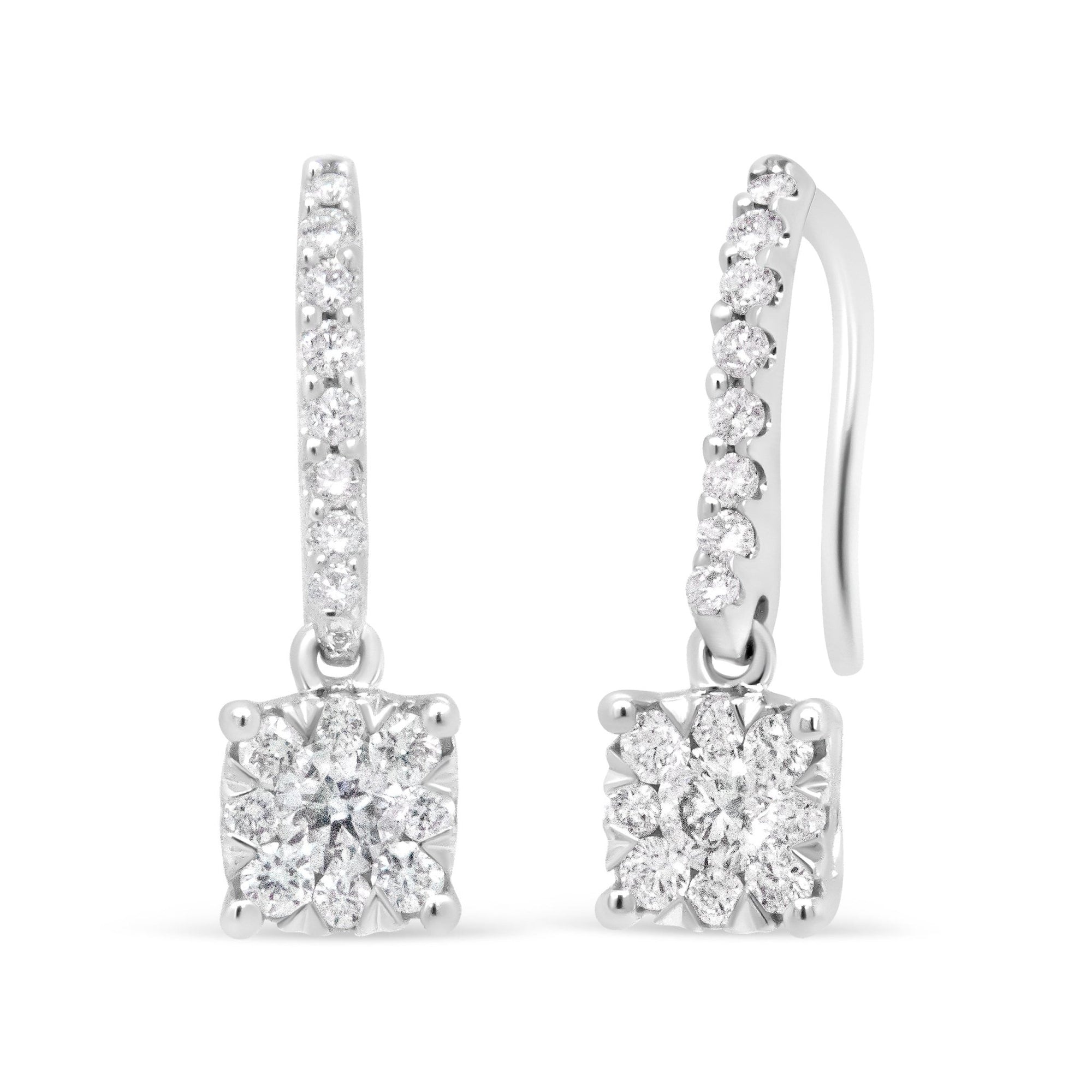 14K White 1/2 Cttw Round Diamond Halo Dangle Hook Earring - (H-I Color, SI2-I1 Clarity) - LinkagejewelrydesignLinkagejewelrydesign