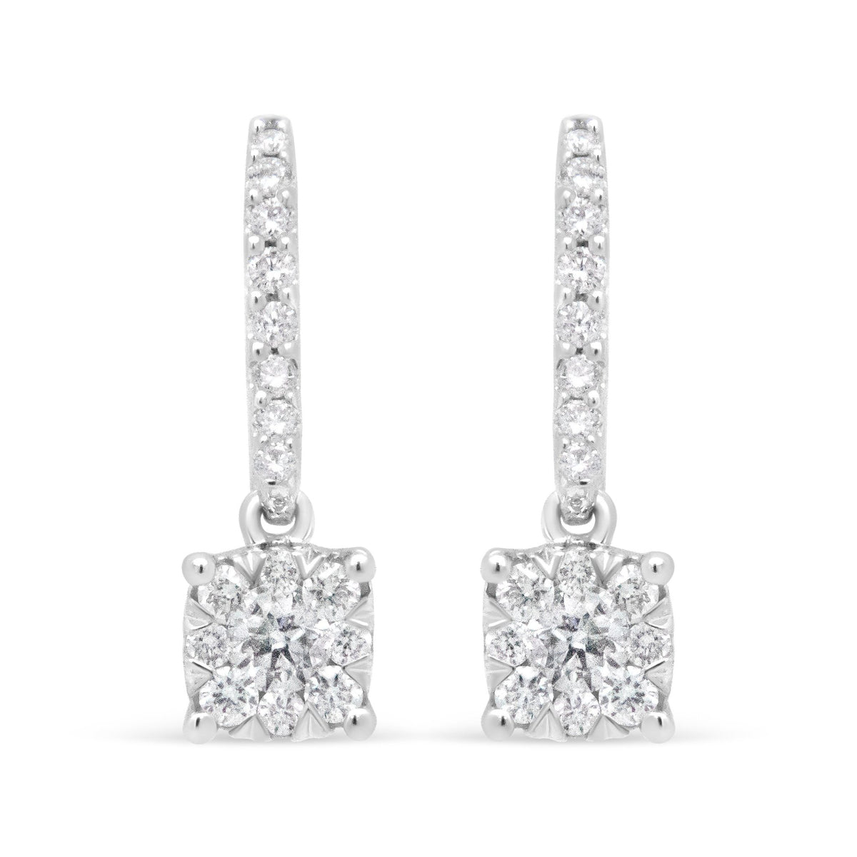 14K White 1/2 Cttw Round Diamond Halo Dangle Hook Earring - (H-I Color, SI2-I1 Clarity) - LinkagejewelrydesignLinkagejewelrydesign