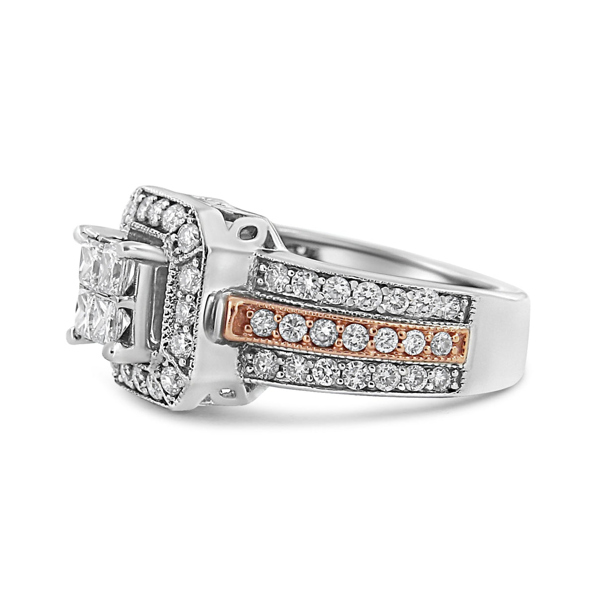 14K White and Rose Gold 1 1/8 Cttw Princess and Round-Cut Diamond Art Deco Style Triple Shank Halo Cocktail Ring (I-J Color, SI2-I1 Clarity) - Size 7 - LinkagejewelrydesignLinkagejewelrydesign