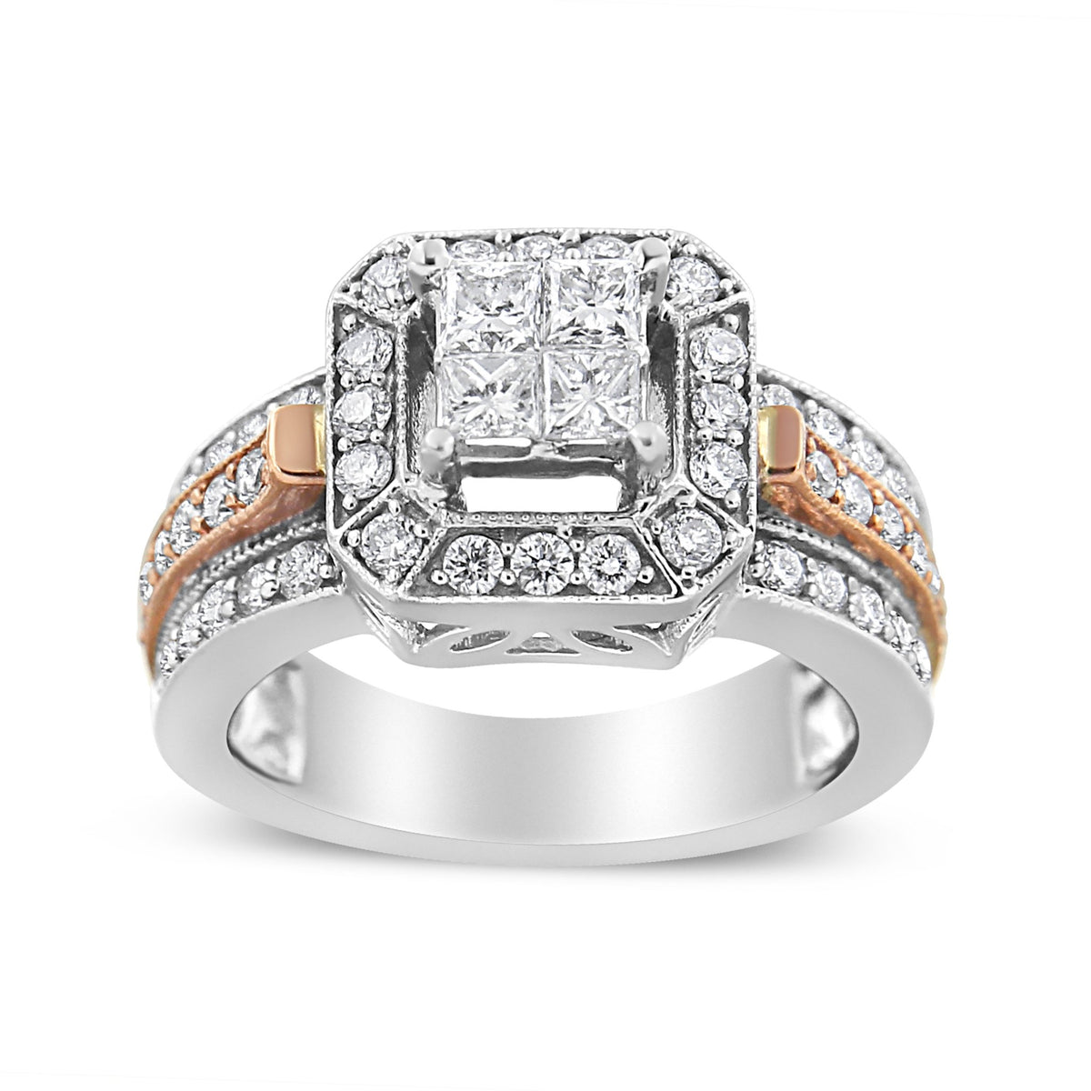 14K White and Rose Gold 1 1/8 Cttw Princess and Round-Cut Diamond Art Deco Style Triple Shank Halo Cocktail Ring (I-J Color, SI2-I1 Clarity) - Size 7 - LinkagejewelrydesignLinkagejewelrydesign