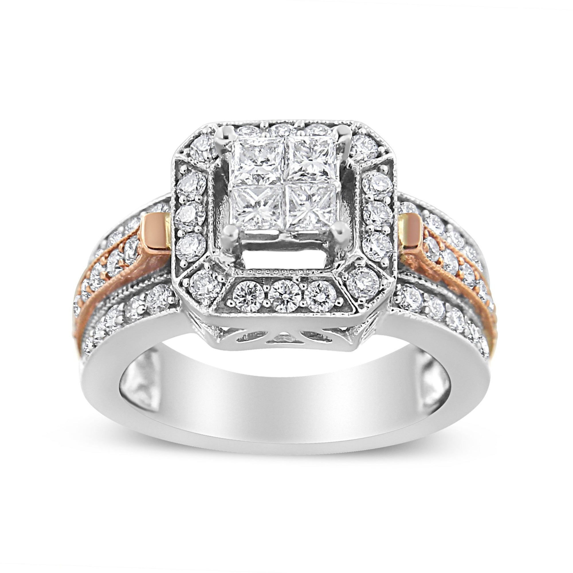 14K White and Rose Gold 1 1/8 Cttw Princess and Round-Cut Diamond Art Deco Style Triple Shank Halo Cocktail Ring (I-J Color, SI2-I1 Clarity) - Size 7 - LinkagejewelrydesignLinkagejewelrydesign