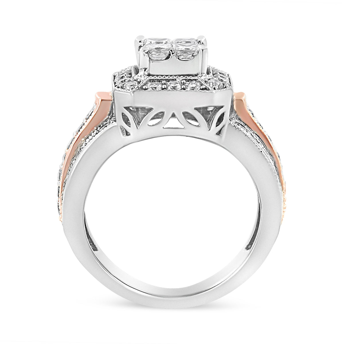 14K White and Rose Gold 1 1/8 Cttw Princess and Round-Cut Diamond Art Deco Style Triple Shank Halo Cocktail Ring (I-J Color, SI2-I1 Clarity) - Size 7 - LinkagejewelrydesignLinkagejewelrydesign