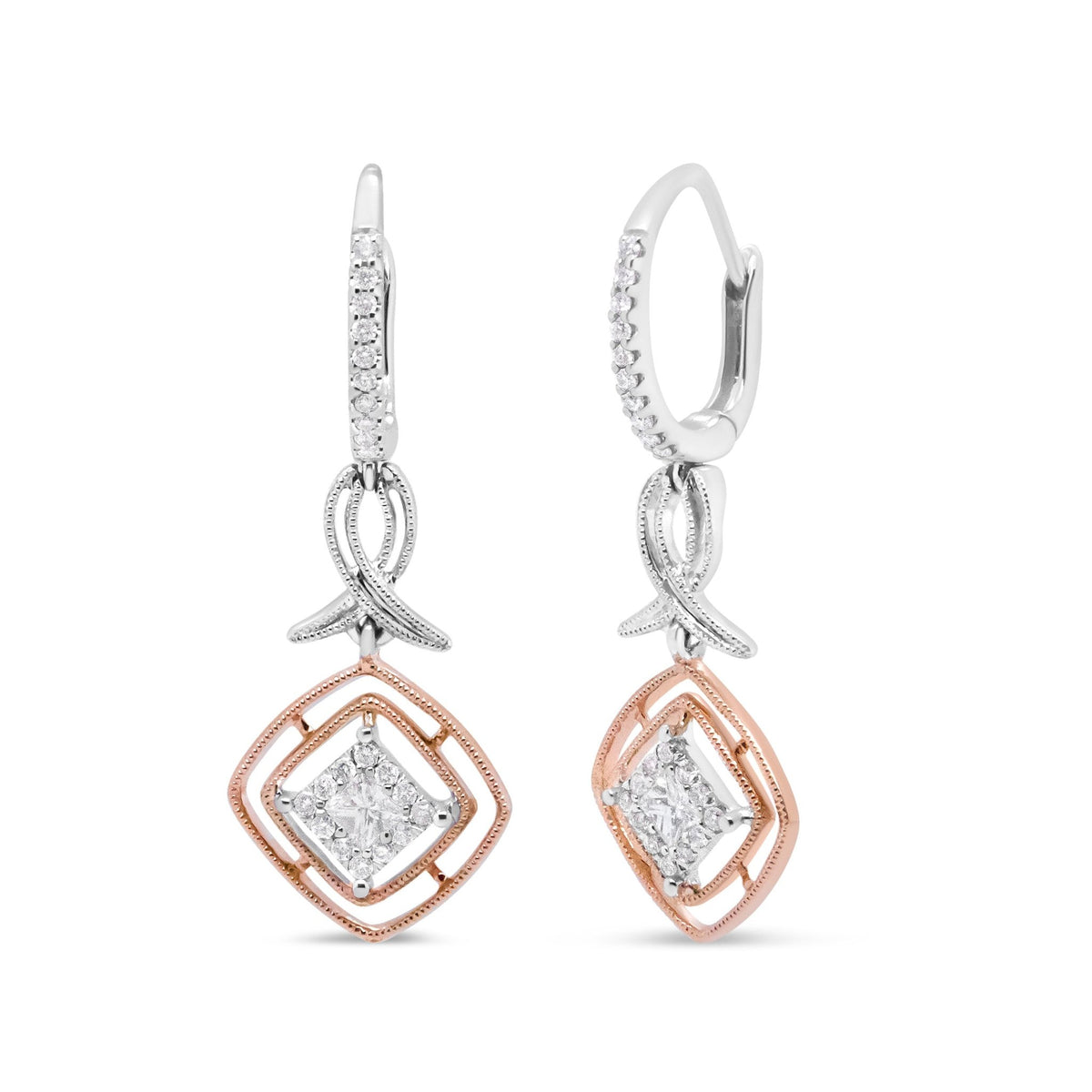 14K White and Rose Gold 1/2 Cttw Round and Princess-Cut Diamond Openwork Marquise Ribbon Dangle Earring (G-H Color, SI2-I1 Clarity) - LinkagejewelrydesignLinkagejewelrydesign