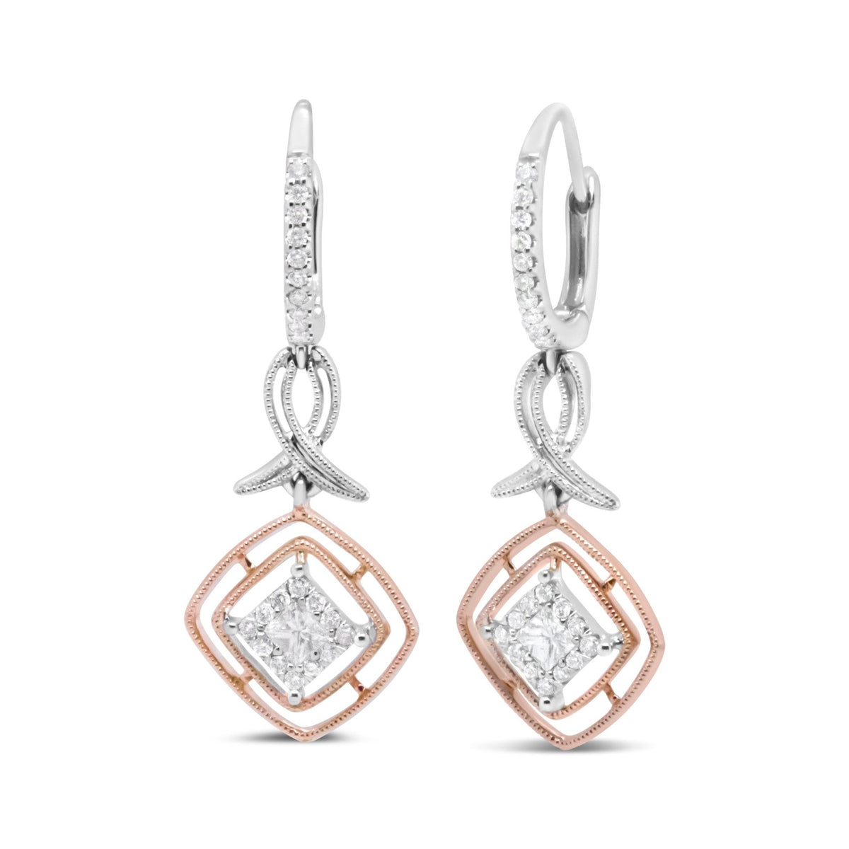 14K White and Rose Gold 1/2 Cttw Round and Princess-Cut Diamond Openwork Marquise Ribbon Dangle Earring (G-H Color, SI2-I1 Clarity) - LinkagejewelrydesignLinkagejewelrydesign