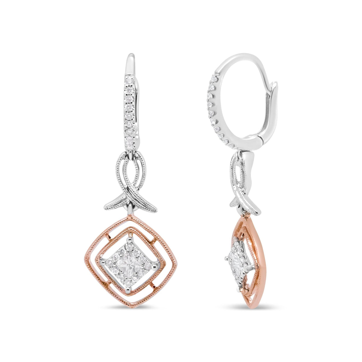 14K White and Rose Gold 1/2 Cttw Round and Princess-Cut Diamond Openwork Marquise Ribbon Dangle Earring (G-H Color, SI2-I1 Clarity) - LinkagejewelrydesignLinkagejewelrydesign