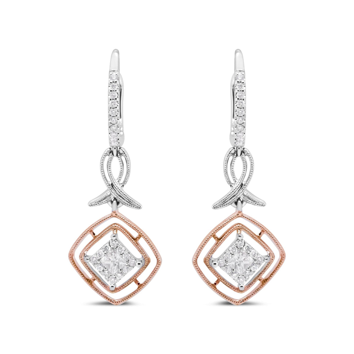 14K White and Rose Gold 1/2 Cttw Round and Princess-Cut Diamond Openwork Marquise Ribbon Dangle Earring (G-H Color, SI2-I1 Clarity) - LinkagejewelrydesignLinkagejewelrydesign