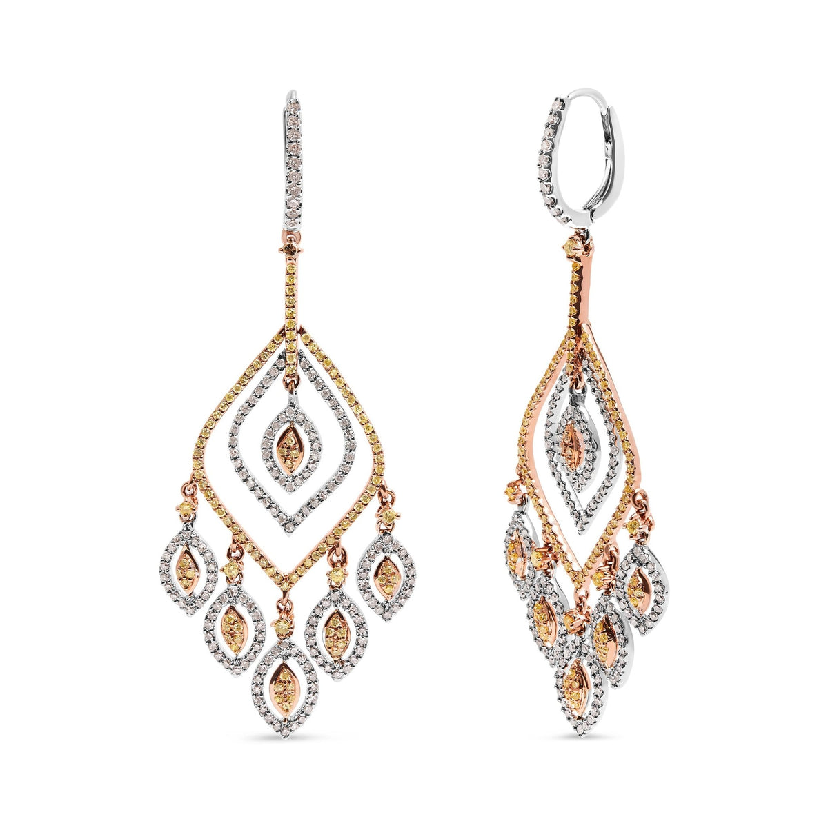 14K White and Rose Gold 2 1/2 Cttw Diamond Curved Rhombus Shape Drop and Chandelier Style Dangle Earring (J-K Color, I2-I3 Clarity) - LinkagejewelrydesignLinkagejewelrydesign