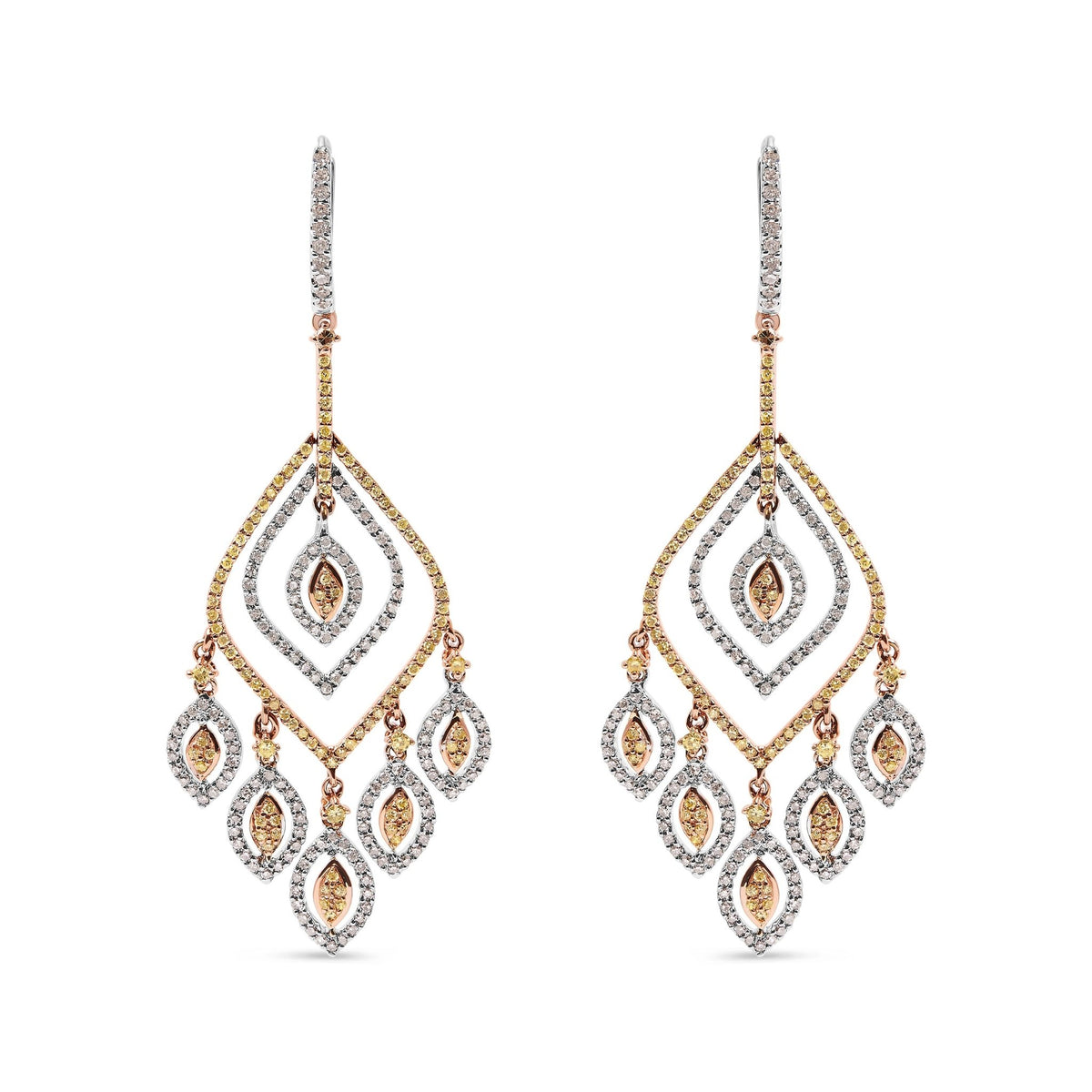 14K White and Rose Gold 2 1/2 Cttw Diamond Curved Rhombus Shape Drop and Chandelier Style Dangle Earring (J-K Color, I2-I3 Clarity) - LinkagejewelrydesignLinkagejewelrydesign