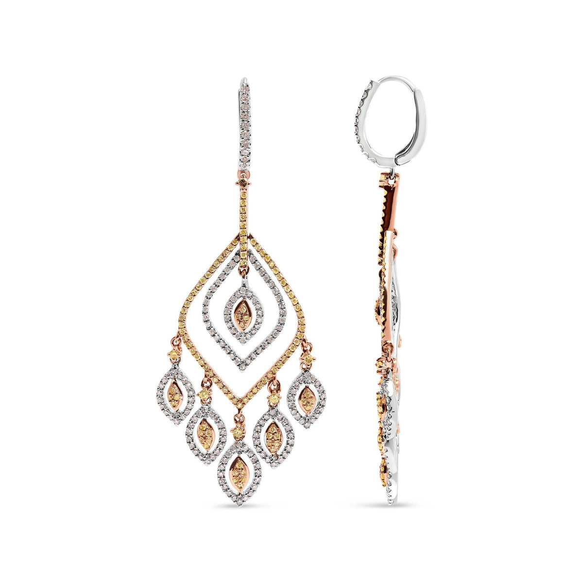 14K White and Rose Gold 2 1/2 Cttw Diamond Curved Rhombus Shape Drop and Chandelier Style Dangle Earring (J-K Color, I2-I3 Clarity) - LinkagejewelrydesignLinkagejewelrydesign