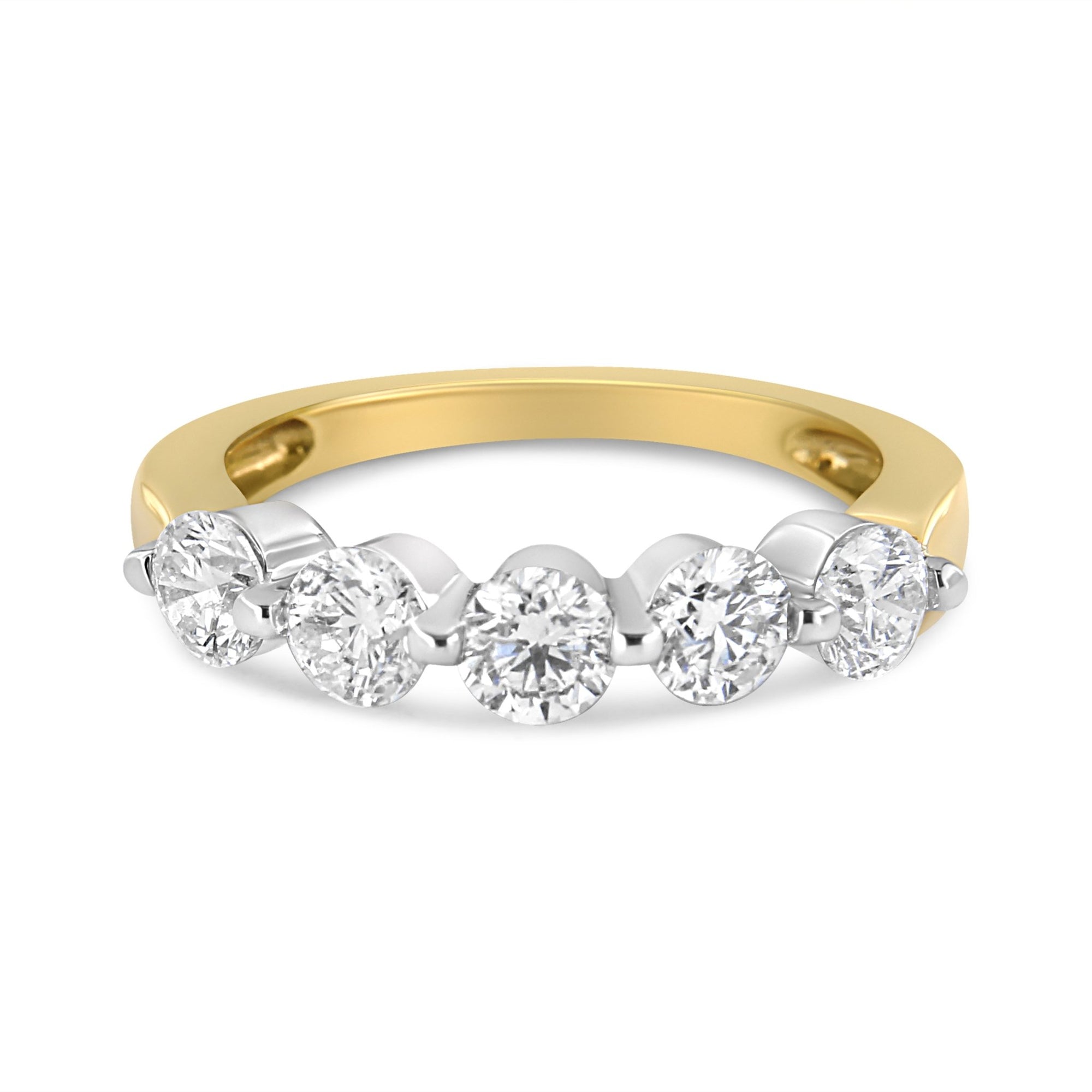 14K White and Yellow Gold 1 1/2 Cttw 2 Prong Cup Set Round-Cut Diamond 5 Stone Ring Band (H-I Color, SI2-I1 Clarity) - Ring Size 7 - LinkagejewelrydesignLinkagejewelrydesign