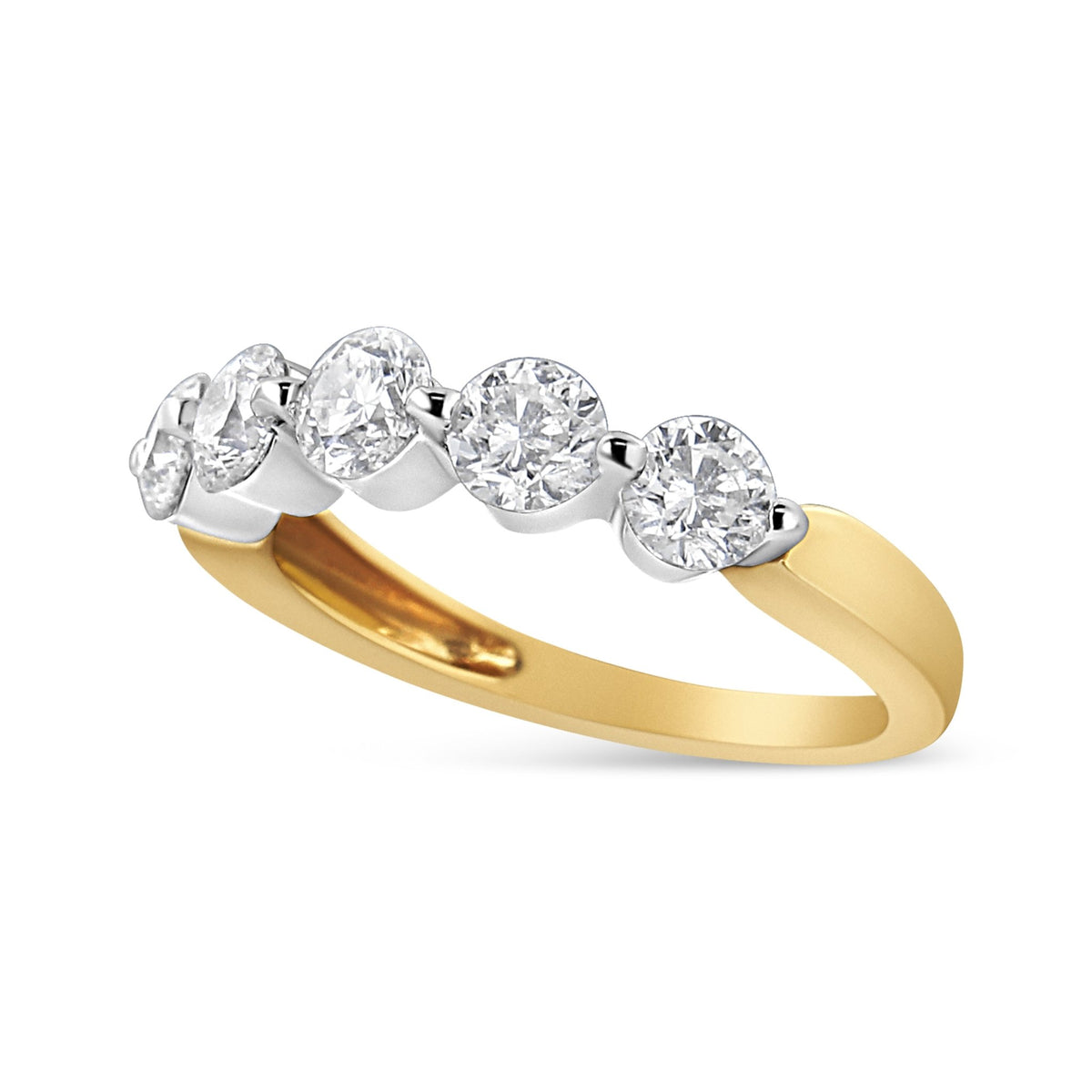 14K White and Yellow Gold 1 1/2 Cttw 2 Prong Cup Set Round-Cut Diamond 5 Stone Ring Band (H-I Color, SI2-I1 Clarity) - Ring Size 7 - LinkagejewelrydesignLinkagejewelrydesign