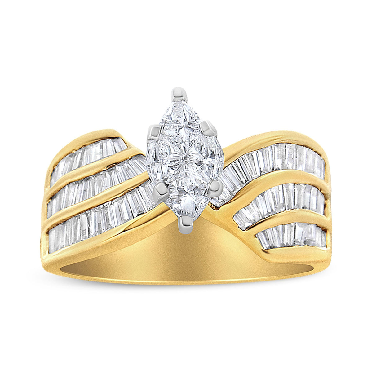 14K White and Yellow Gold 1 1/4 Cttw Pie and Baguette-Cut Diamond Marquise Shape Engagement Bypass Ring (H-I Color, VS1-VS2 Clarity) - Size 7 - LinkagejewelrydesignLinkagejewelrydesign